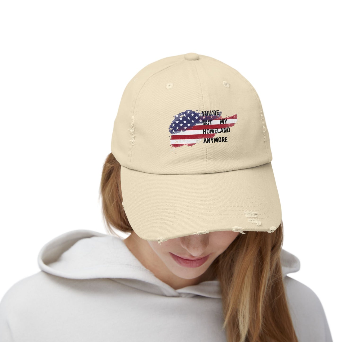 Not My Homeland Anymore Unisex Distressed Cap with American Flag Design, Casual Wear, Perfect for Protesting Events, Outdoor Adventures