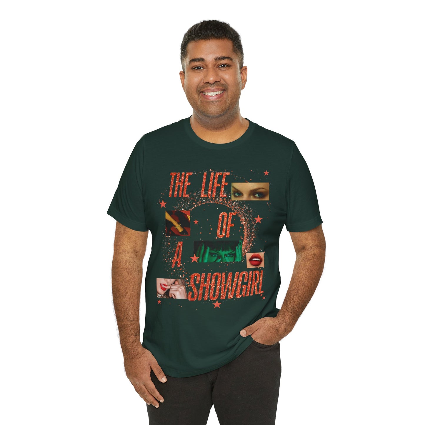 Showgirl Life Collage Graphic Tee, Unisex Jersey T-Shirt, Retro Style Top, Casual Wear, Gift for Performers, Fashion Statement Shirt