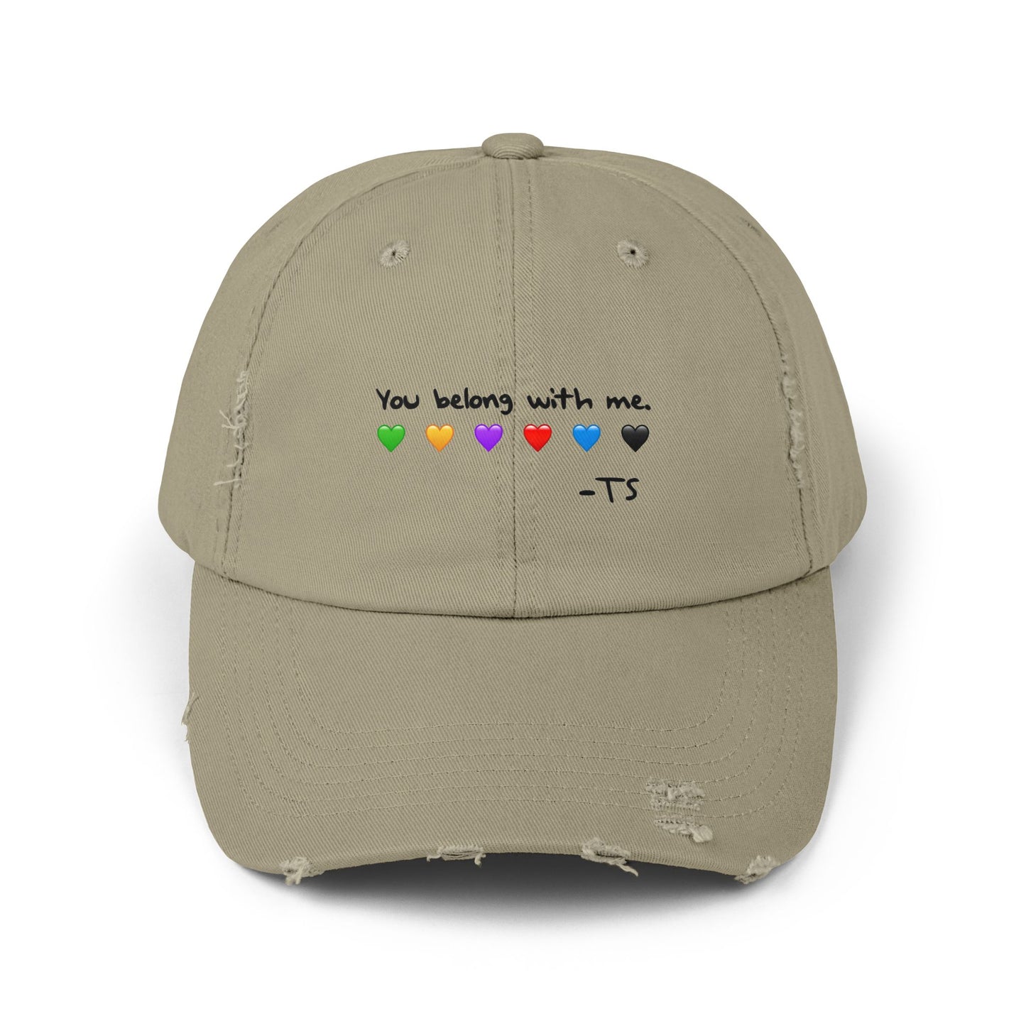 You belong with me - Printed Image - Unisex Distressed Cap with Heart Design - Perfect Gift for Music Lovers, Casual Wear, Festivals, Birthdays, Fan Merchandise