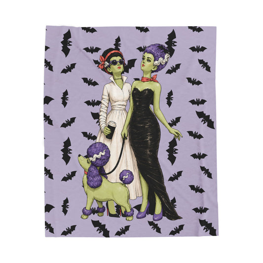 Monster Brides Lesbian Couple Velveteen Plush Blanket – Retro Monster Romance Throw