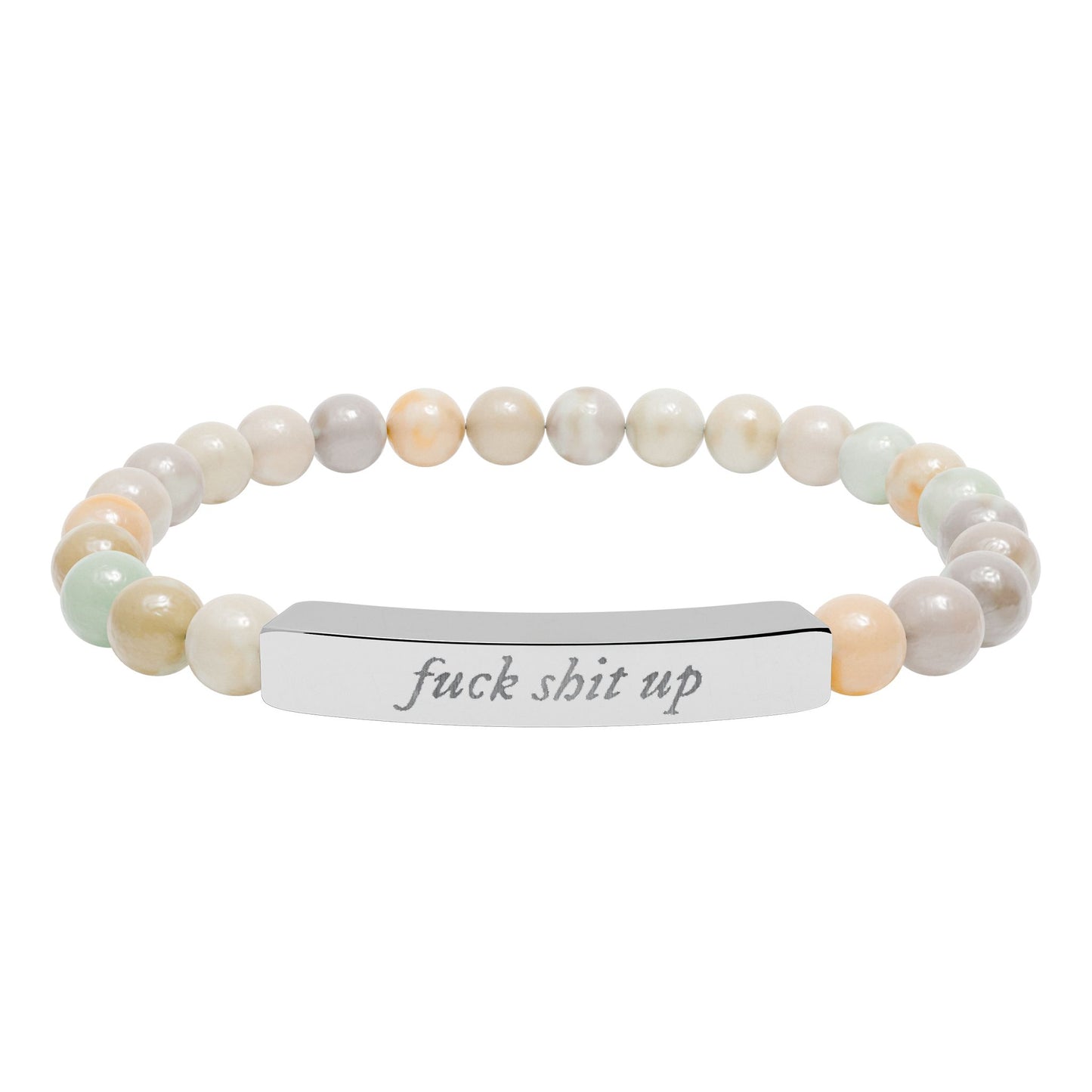 Engraved Natural Stone Stretch Bracelet — 'Fuck Shit Up' Bar Bead Bracelet