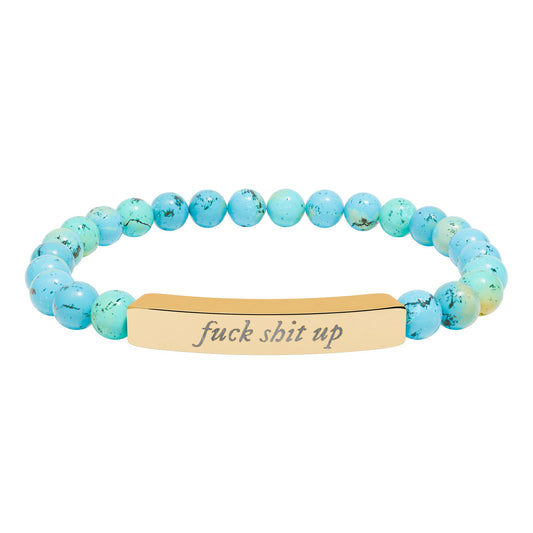 Engraved Natural Stone Stretch Bracelet — 'Fuck Shit Up' Bar Bead Bracelet