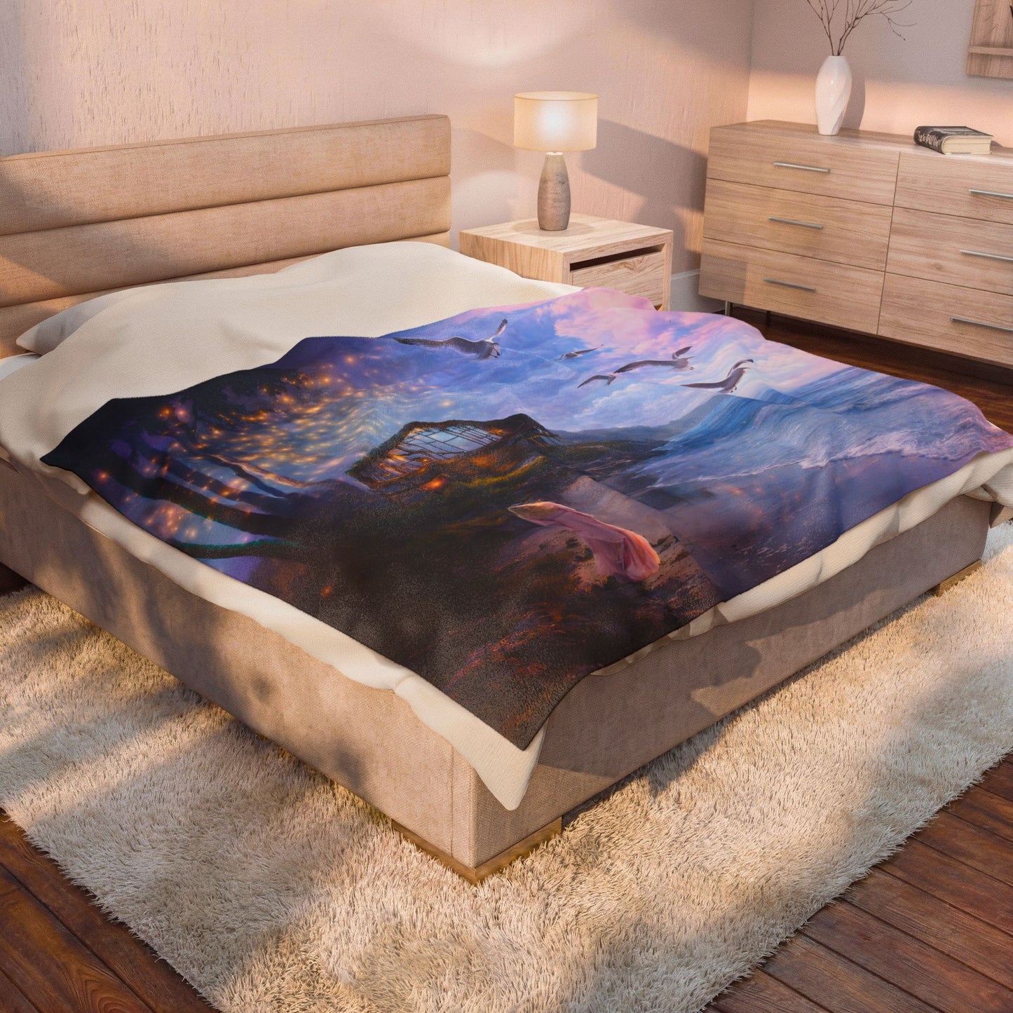 Keep it 100 Dreamy Seaside Velveteen Plush Blanket – Light Ocean Cottage Design
