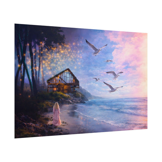 Keep it 100 Seaside Cottage Fantasy Poster — Dreamy Ocean Sunset Art Print