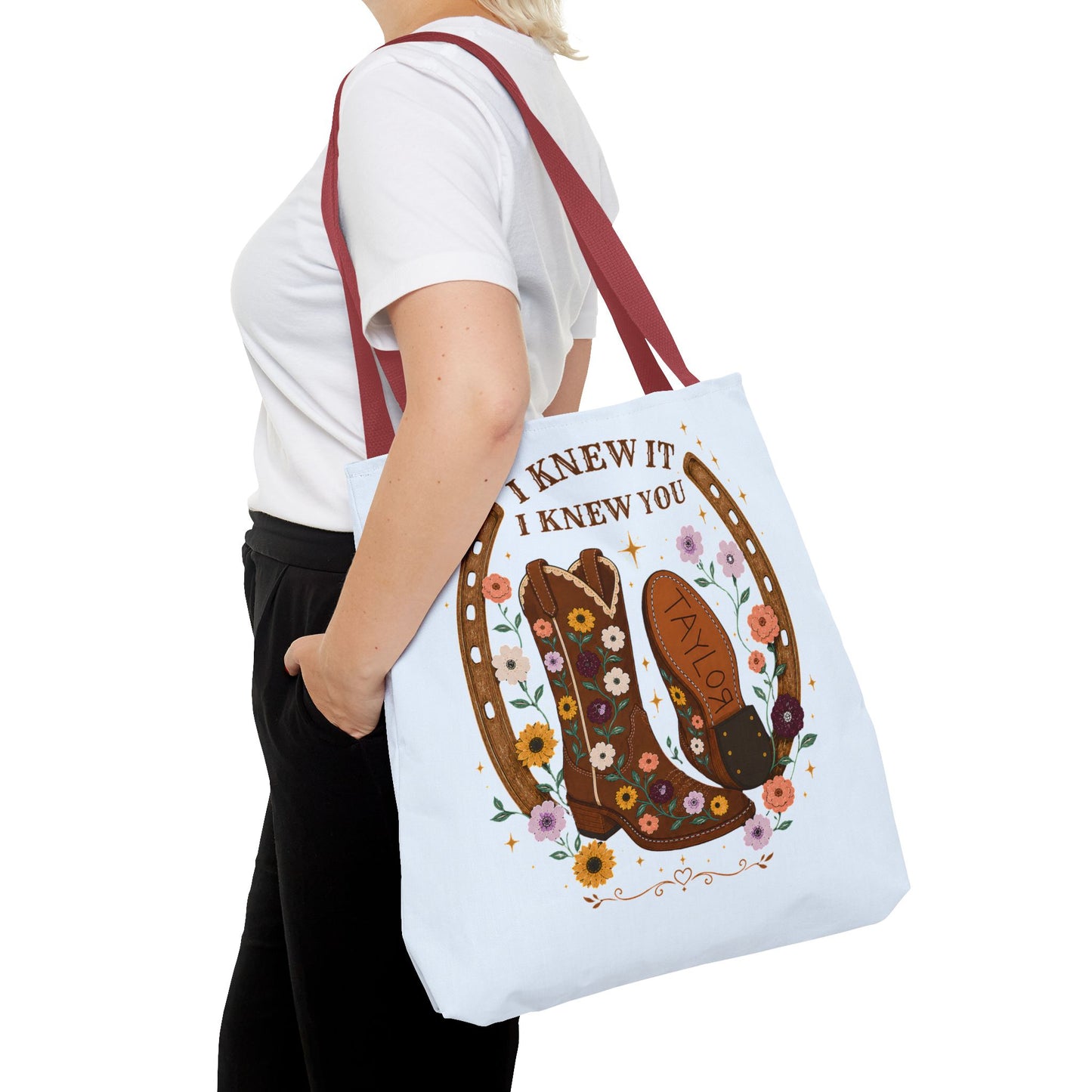 Western Floral Tote Bag — "I Knew It, I Knew You" Cowboy Boots & Horseshoe Design