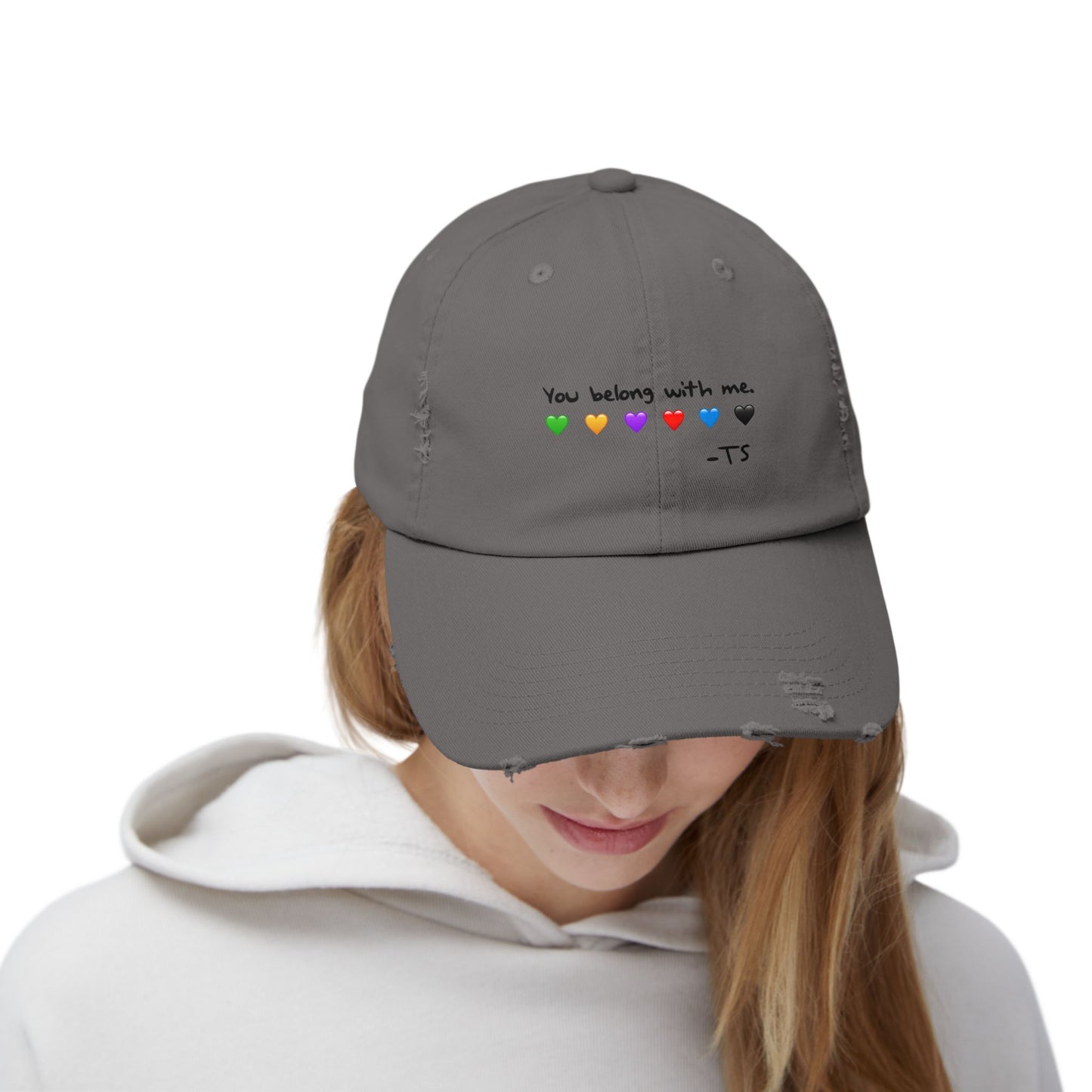 You belong with me - Printed Image - Unisex Distressed Cap with Heart Design - Perfect Gift for Music Lovers, Casual Wear, Festivals, Birthdays, Fan Merchandise