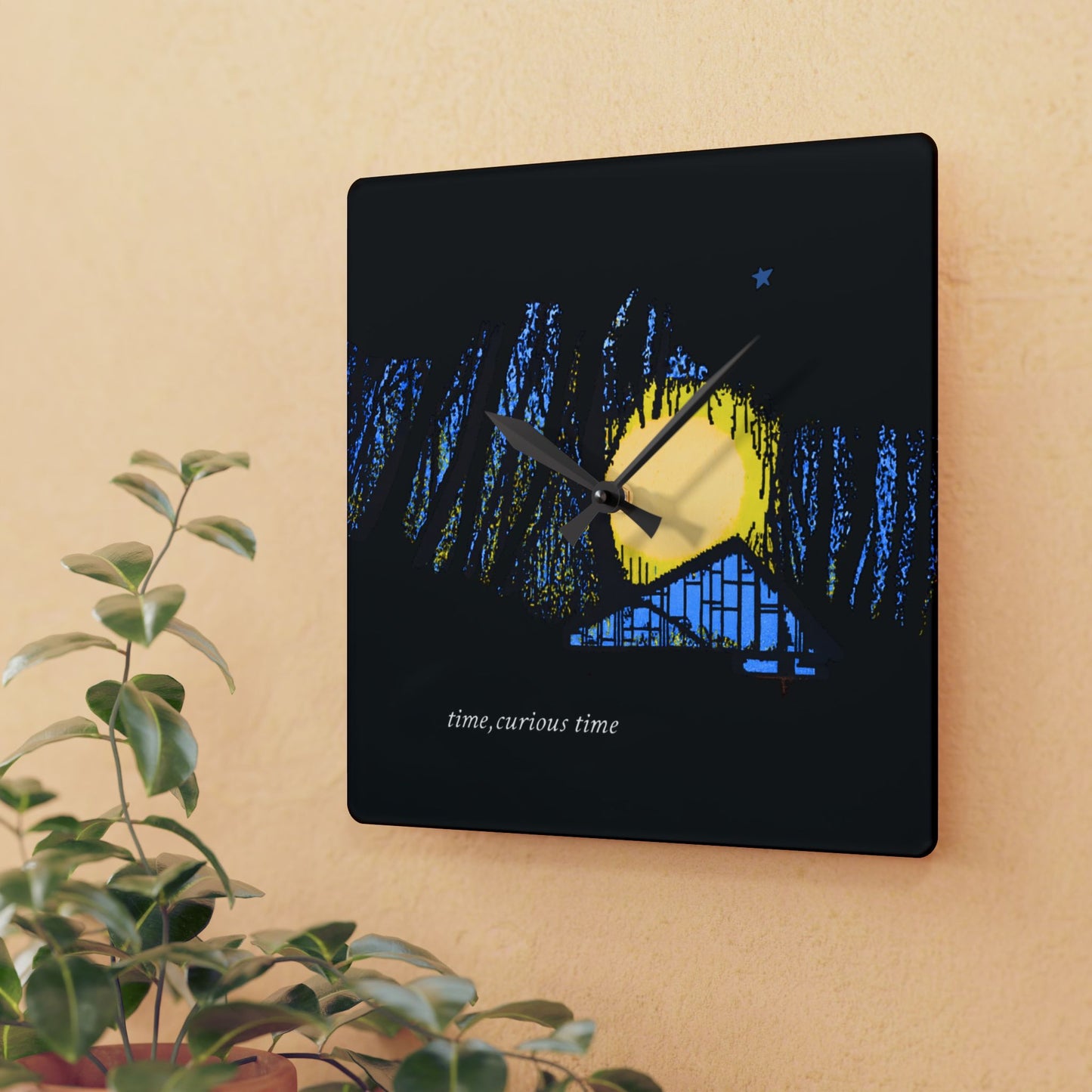Acrylic Wall Clock — Moonlit Forest Nightscape Clock ("time, curious time")