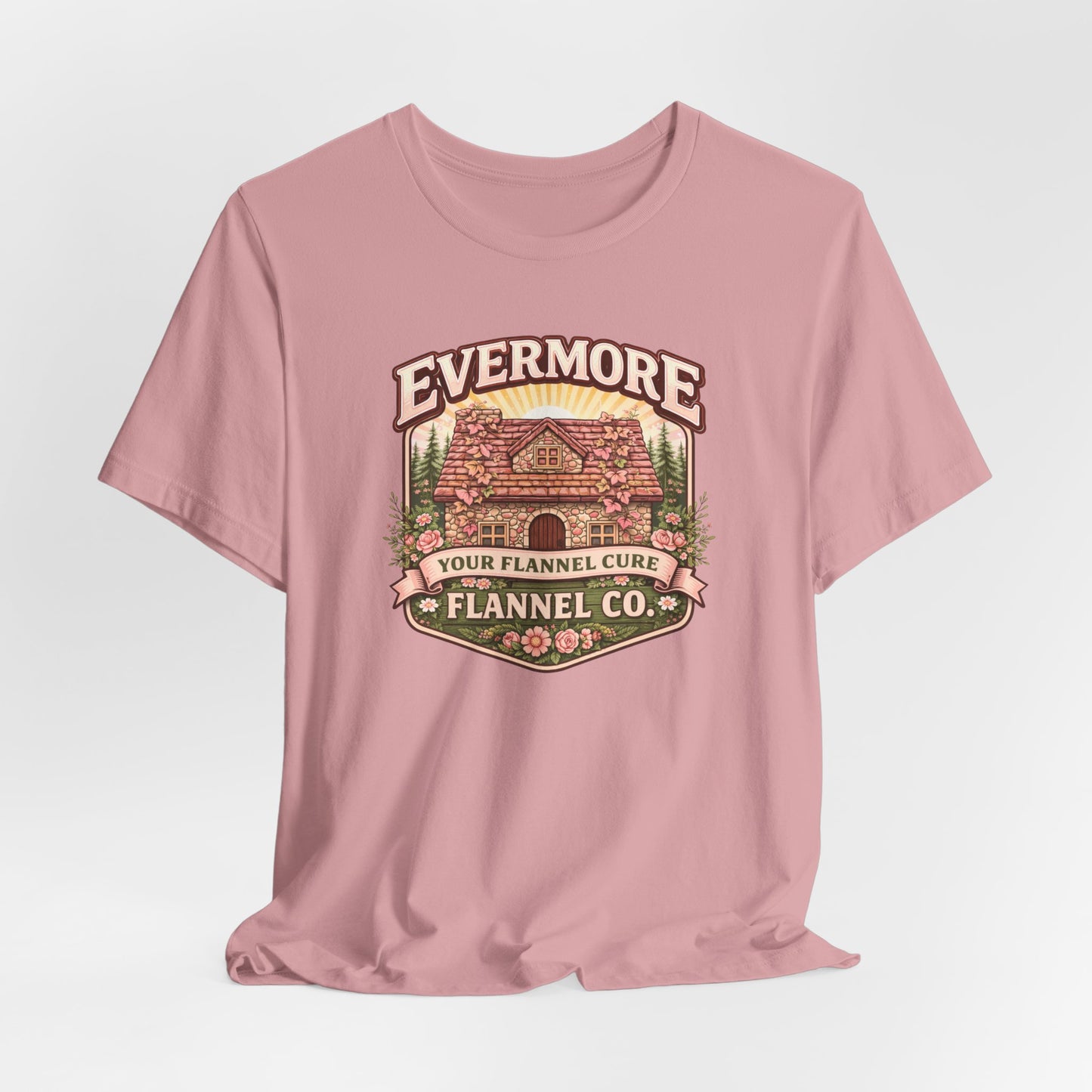 Evermore Flannel Co. Cabin Tee — Vintage Cozy Cabin Graphic T-Shirt