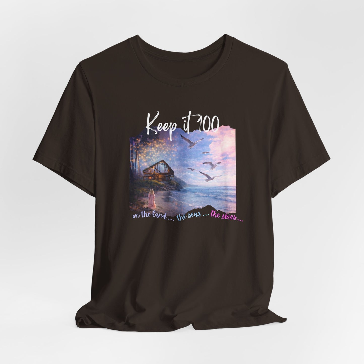Keep It 100 Whimsical Scene T-Shirt — Coastal Sunset Cabin Graphic Tee