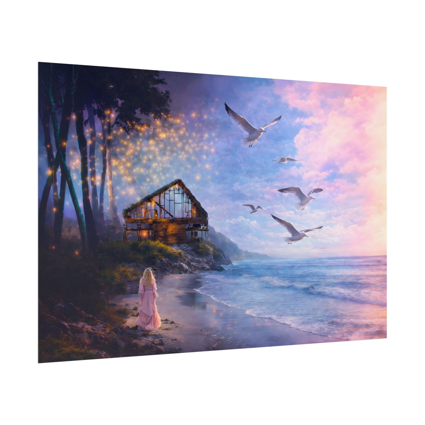 Keep it 100 Seaside Cottage Fantasy Poster — Dreamy Ocean Sunset Art Print