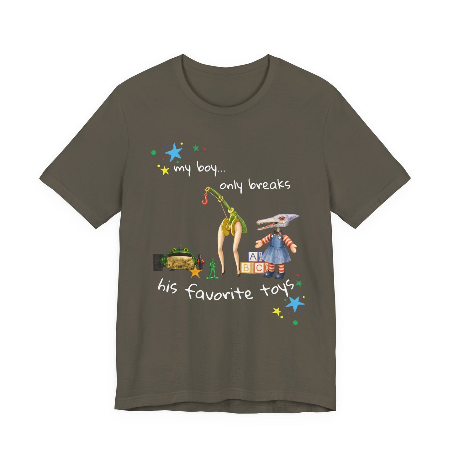 Novelty T‑Shirt — “My Boy Only Breaks His Favorite Toys” Funny Retro Broken Toys Tee