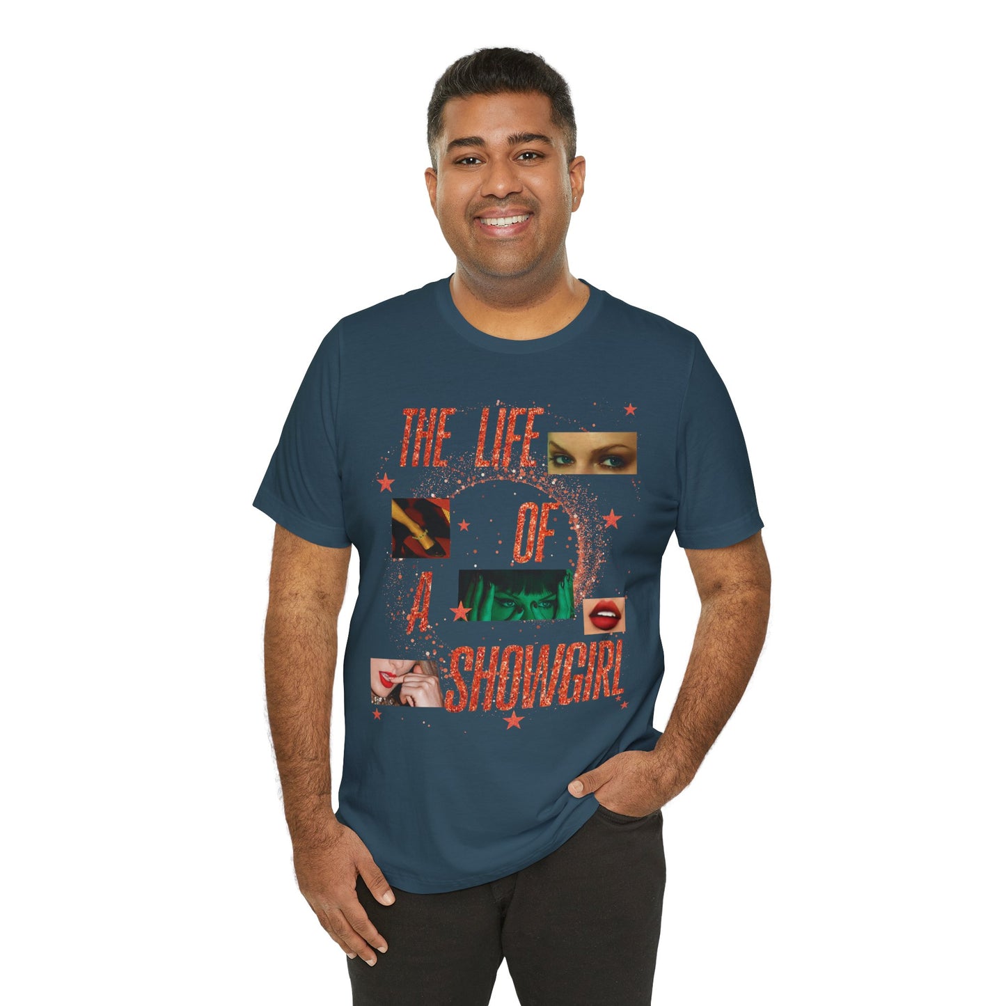 Showgirl Life Collage Graphic Tee, Unisex Jersey T-Shirt, Retro Style Top, Casual Wear, Gift for Performers, Fashion Statement Shirt