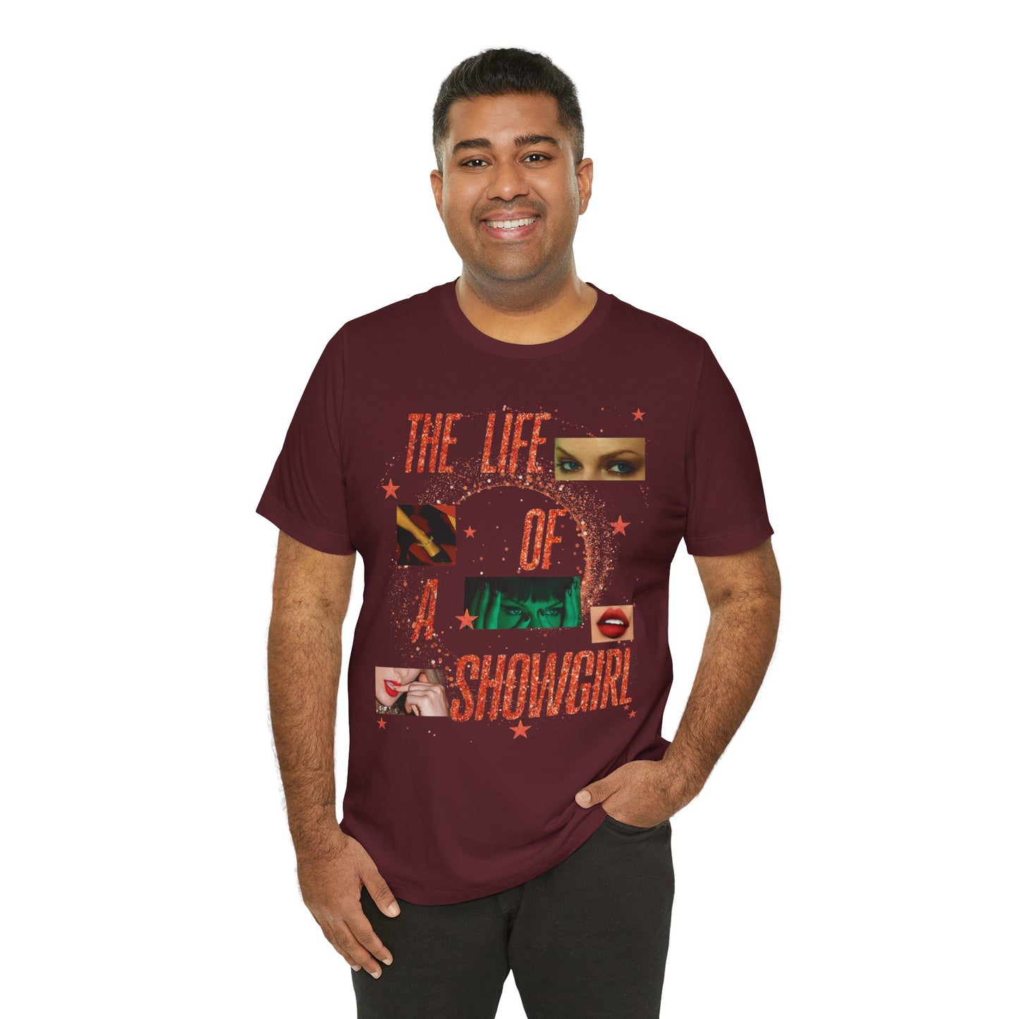 Showgirl Life Collage Graphic Tee, Unisex Jersey T-Shirt, Retro Style Top, Casual Wear, Gift for Performers, Fashion Statement Shirt