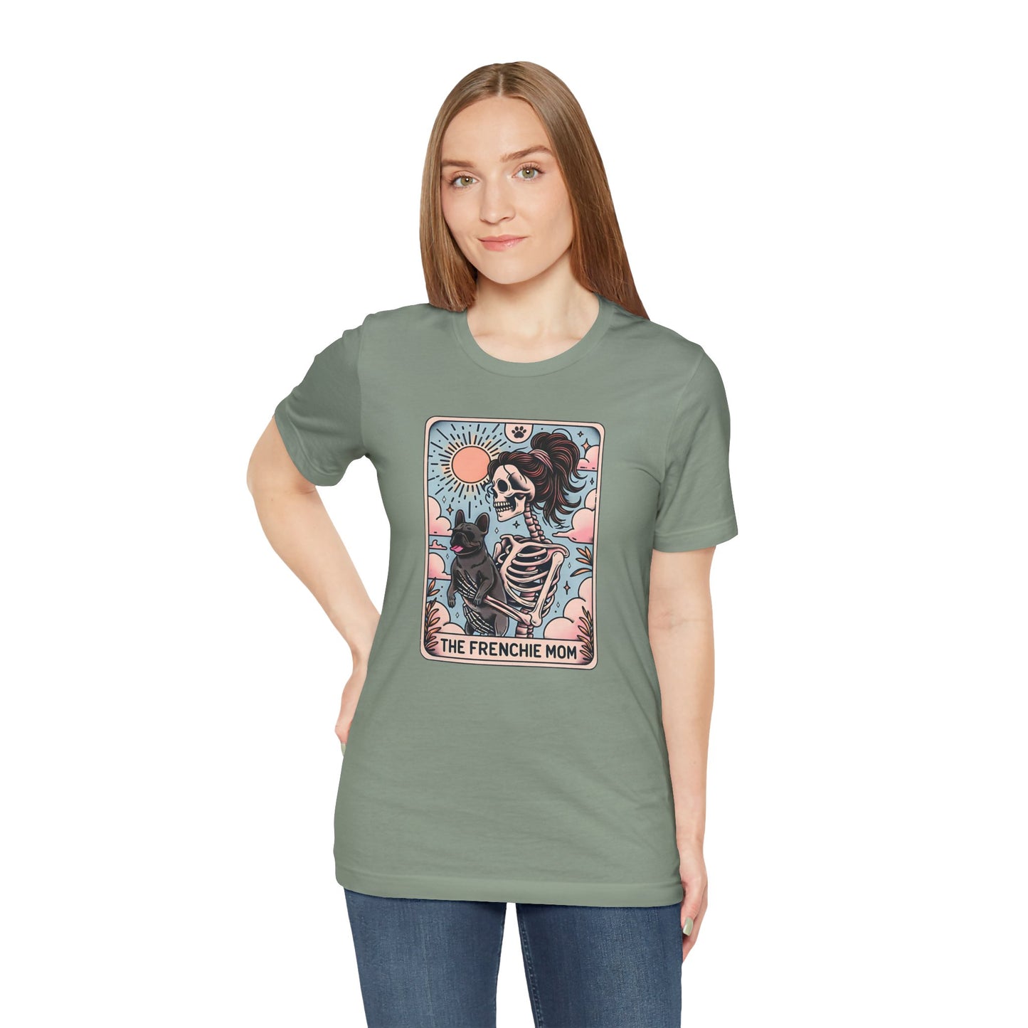 The Frenchie Mom Tarot Tee - Fun Graphic Shirt for Pet Lovers, Dog Mom Gift, Halloween Style, Casual Wear, Graphic T-Shirt, Unique Gift Idea