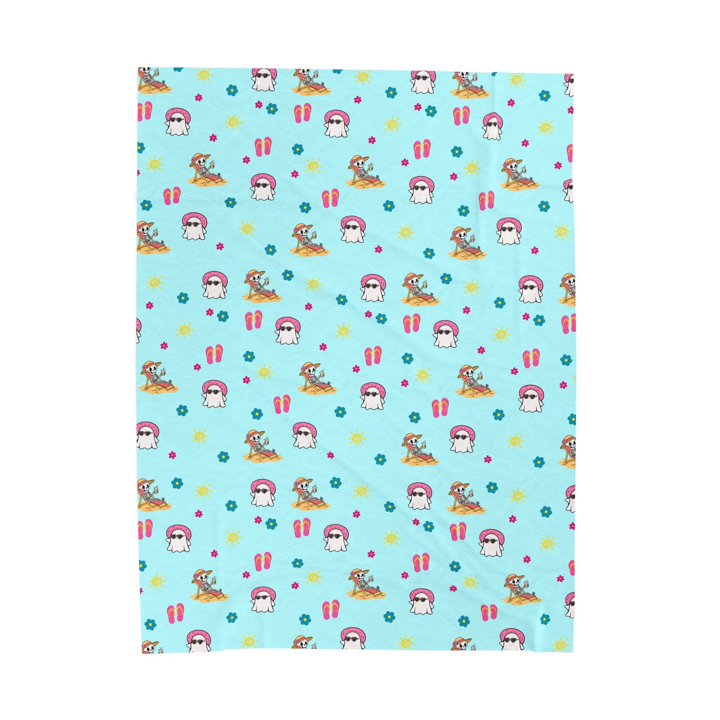 Aqua Summerween Soft Plush Fleece Blanket, Summer Ghosties and Skeletons, Cute Throw Blanket