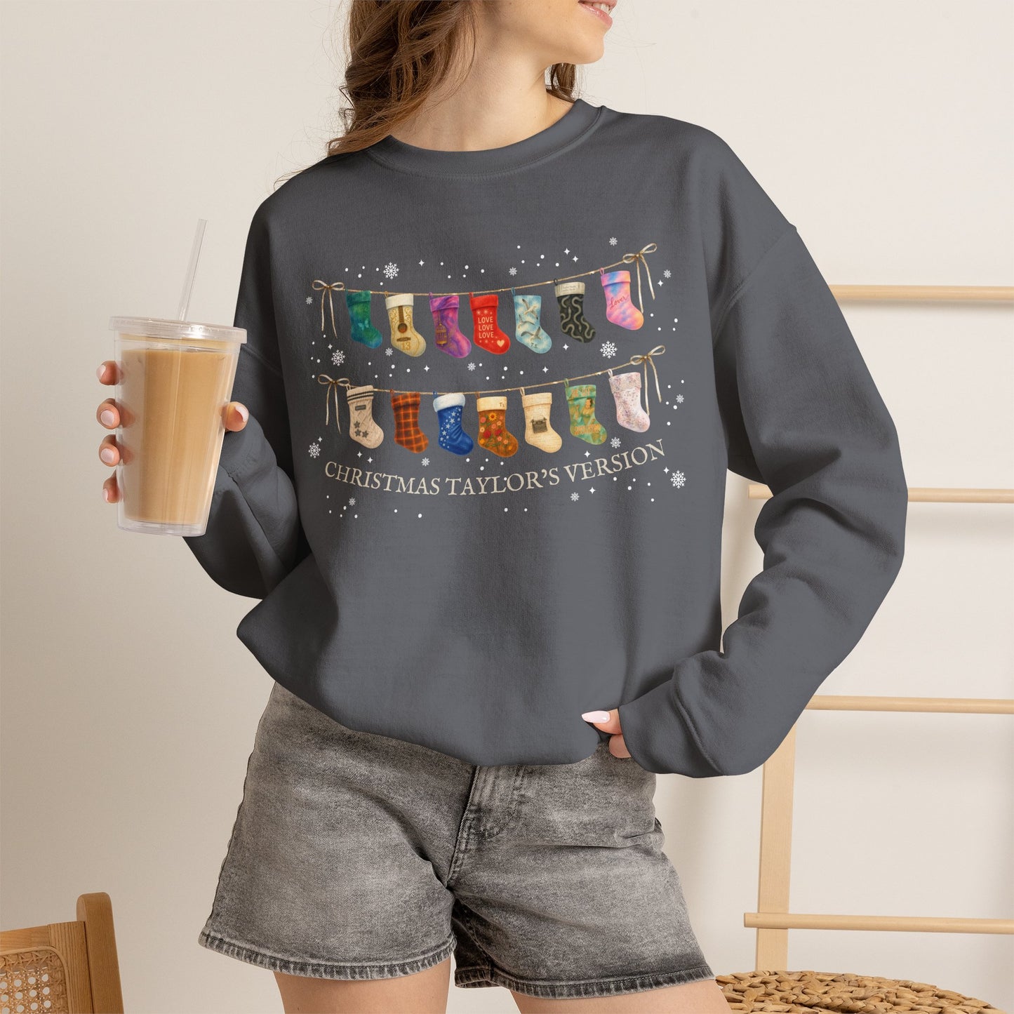 Christmas Stockings and Snowflakes Crewneck Sweatshirt — “Christmas TV” Holiday Pullover