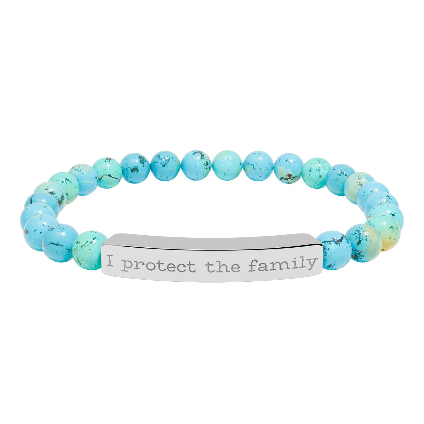 Engraved Natural Stone Stretch Bracelet — "I Protect the Family" Bar