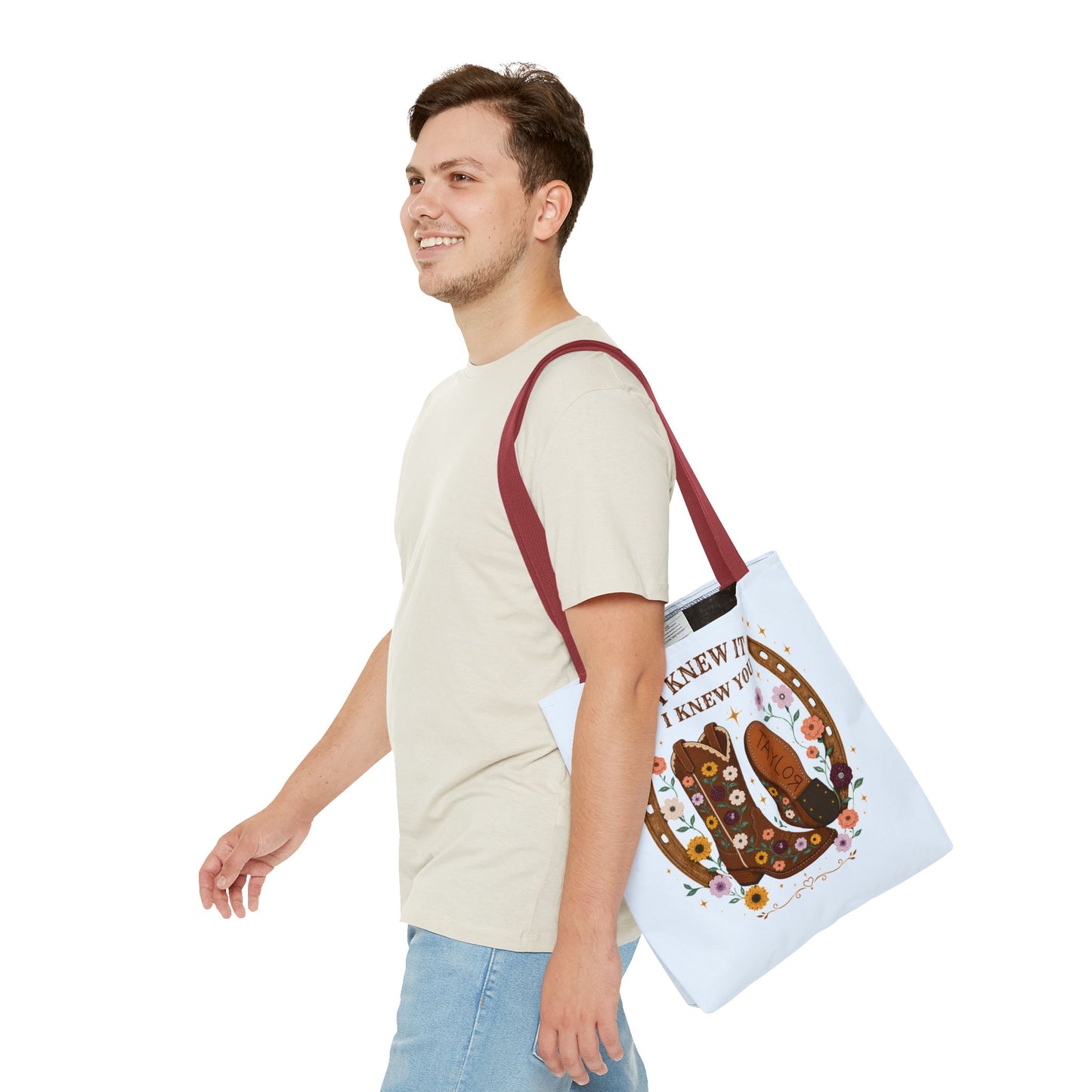 Western Floral Tote Bag — "I Knew It, I Knew You" Cowboy Boots & Horseshoe Design