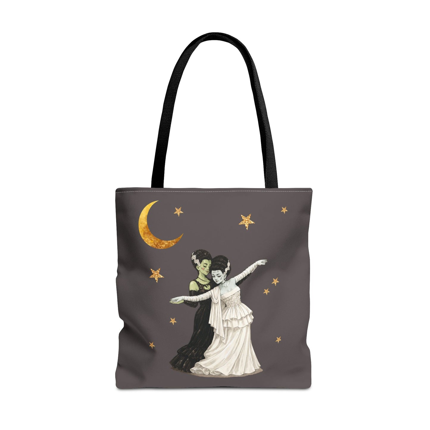 Moonlit Duet Tote Bag — Vintage Lesbian Monster Brides Couple with Gold Moon & Stars