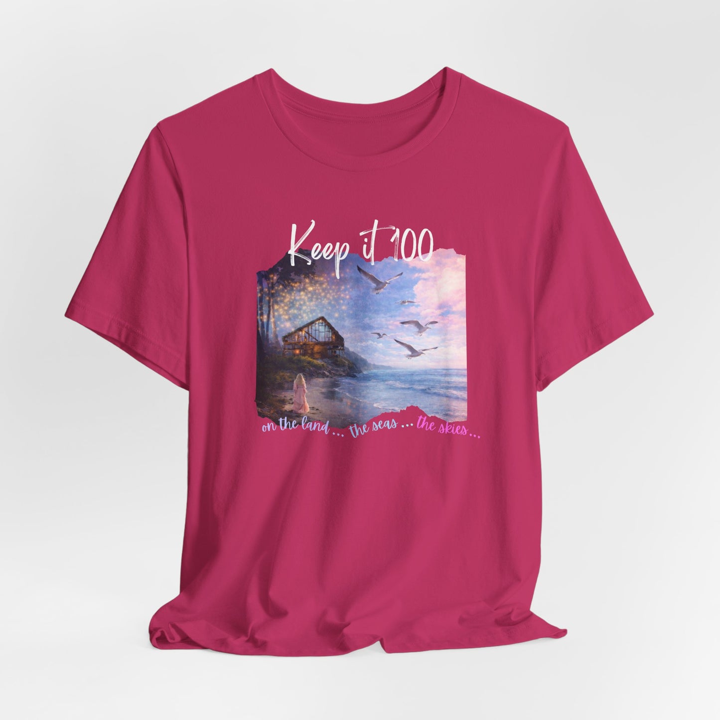 Keep It 100 Whimsical Scene T-Shirt — Coastal Sunset Cabin Graphic Tee
