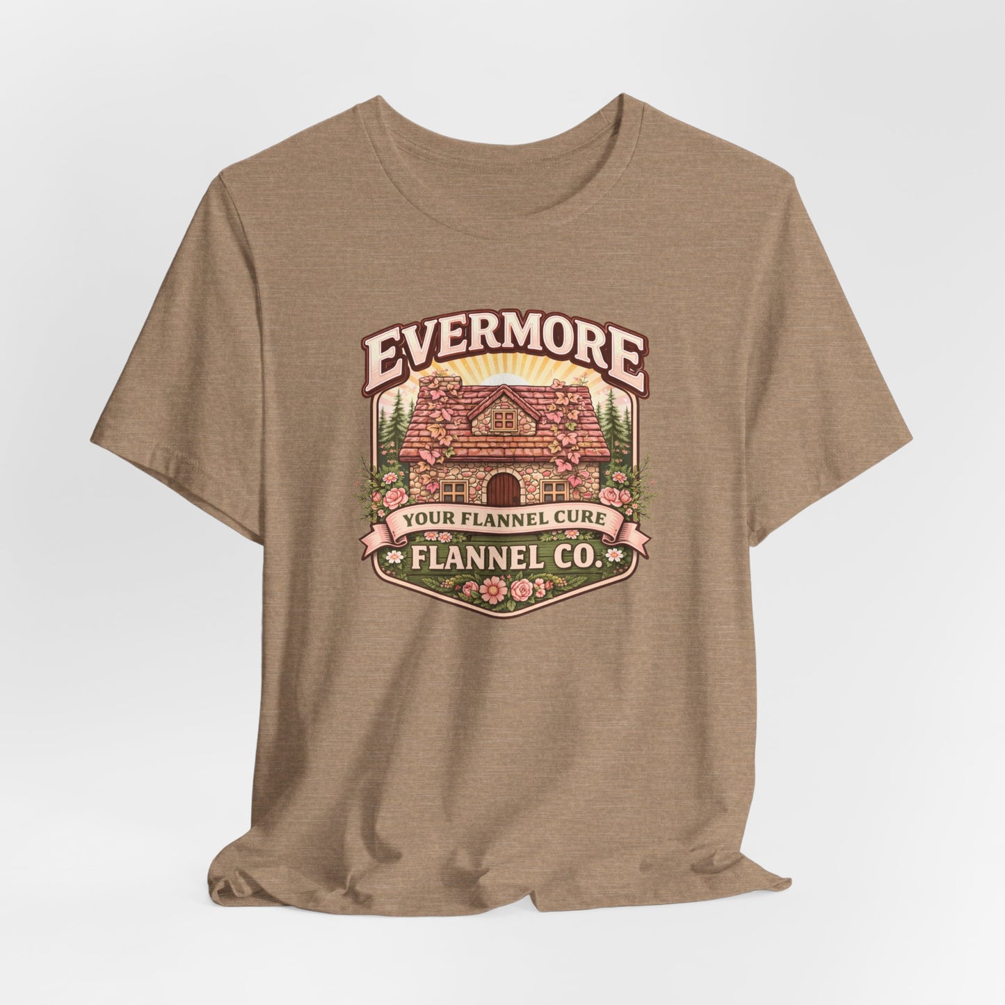 Evermore Flannel Co. Cabin Tee — Vintage Cozy Cabin Graphic T-Shirt