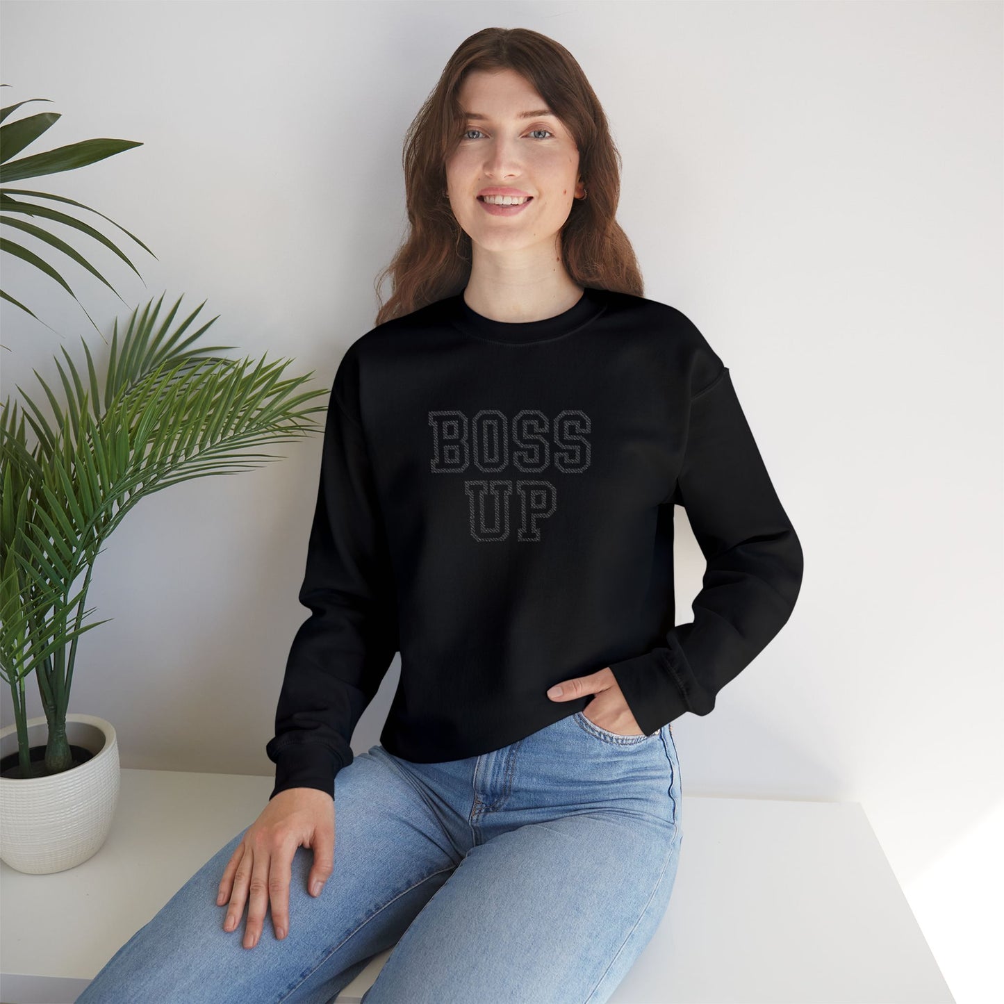 Embroidered Boss Up Double Black Sweatshirt | Cozy Unisex Crewneck | Perfect Gift for Sisters and Birthdays, Casual Wear, Family Celebrations