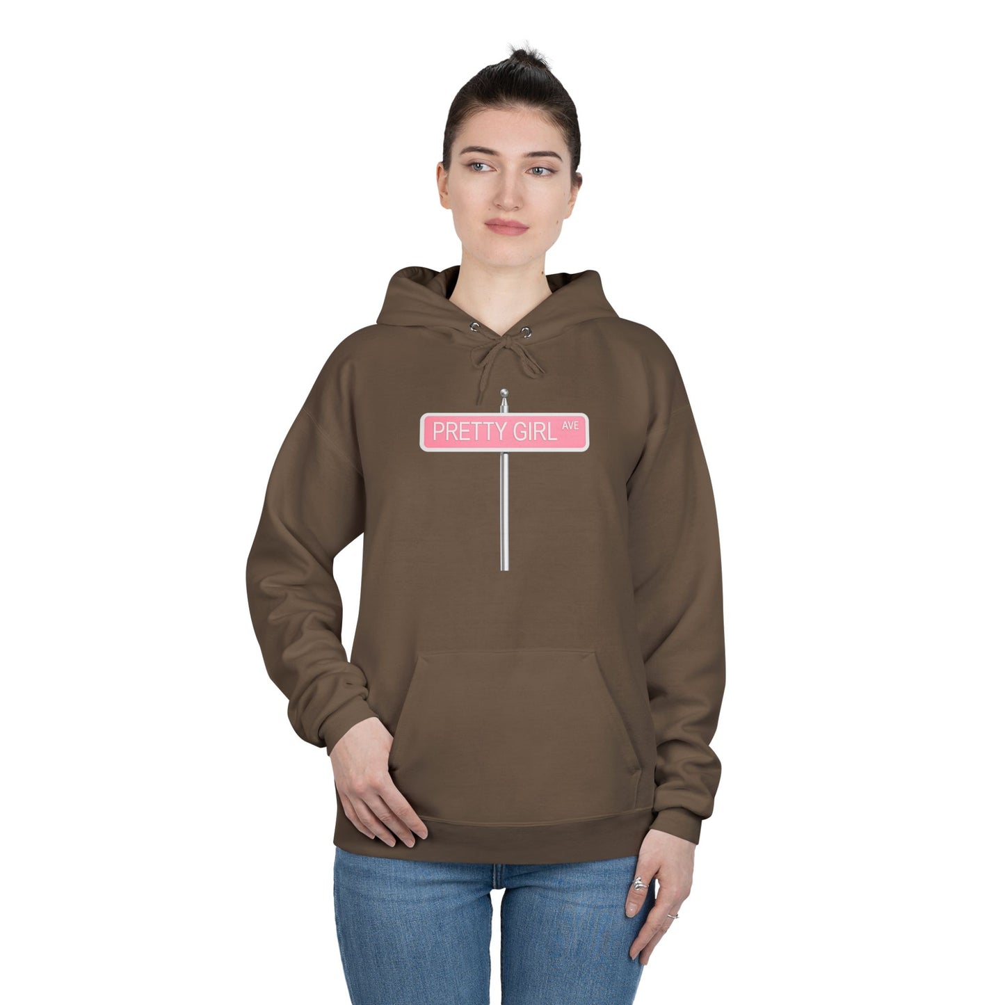 Pretty Girl Pullover Hoodie — "My House Could Be Your House Too" Brown Eco Hoodie
