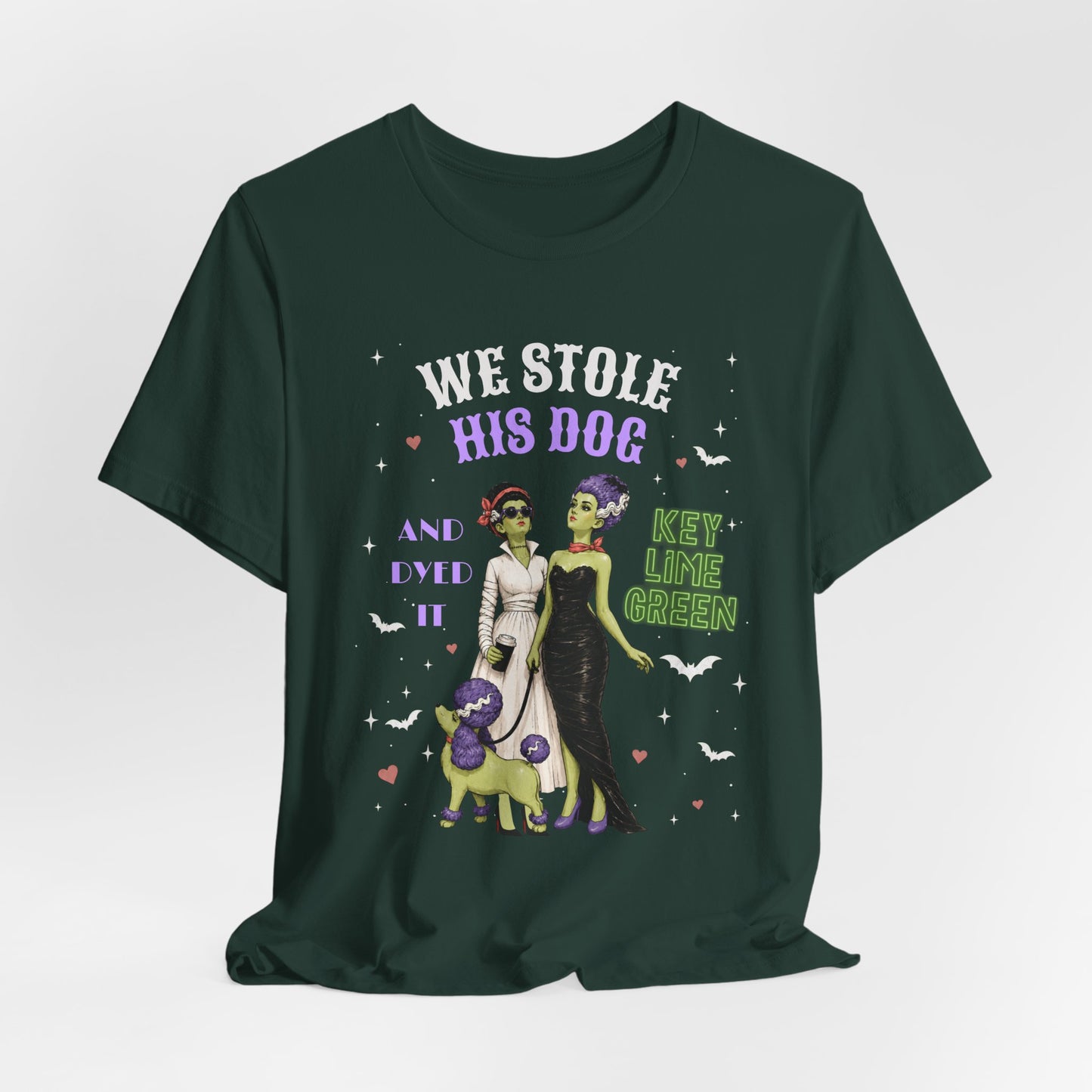Halloween Bride & Bride T-Shirt — "We Stole His Dog and dyed it KEY LIME GREEN"
