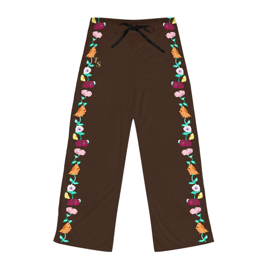 Acoustic Piano Floral Border Women's Pajama Pants — Cozy Brown Lounge Sleepwear