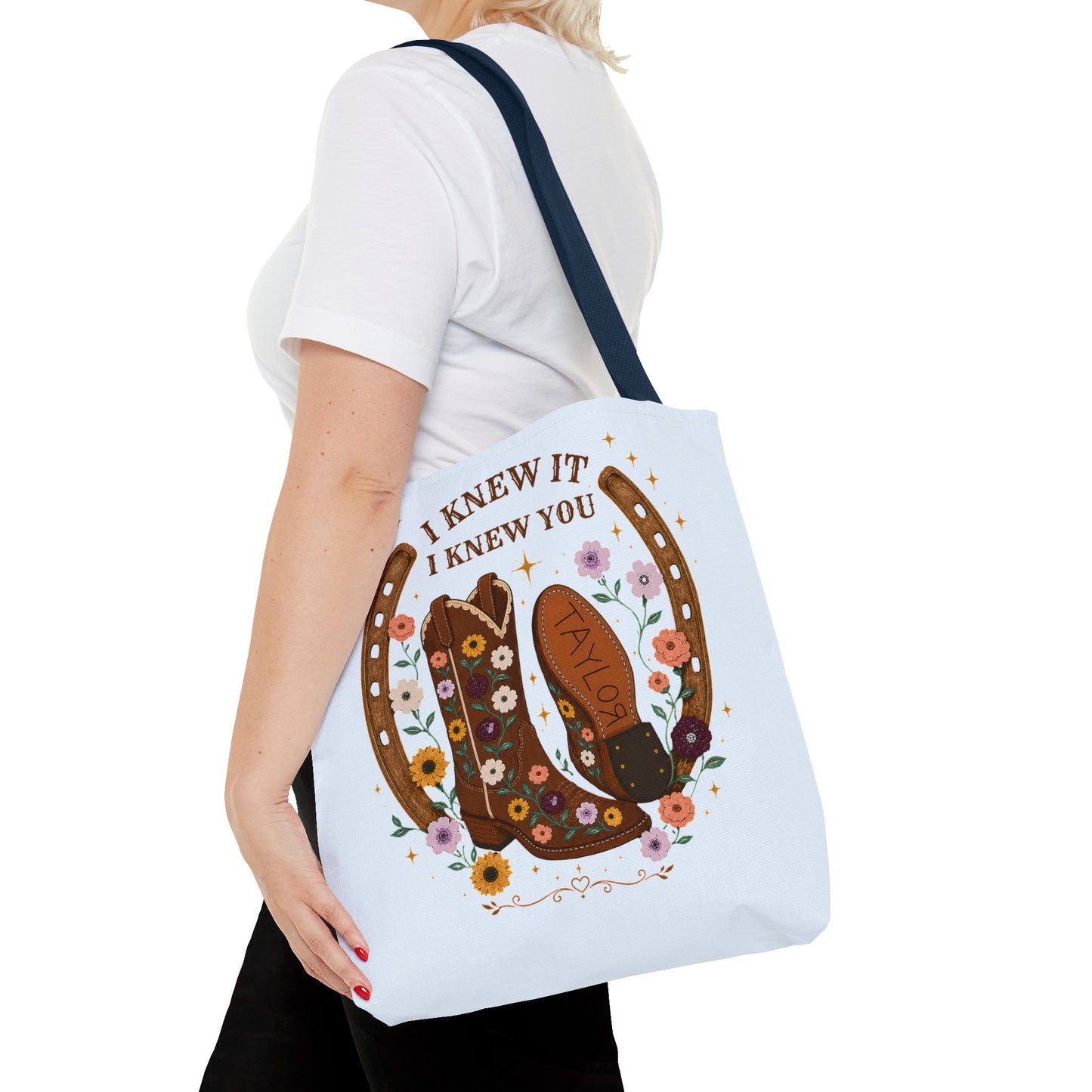 Western Floral Tote Bag — "I Knew It, I Knew You" Cowboy Boots & Horseshoe Design