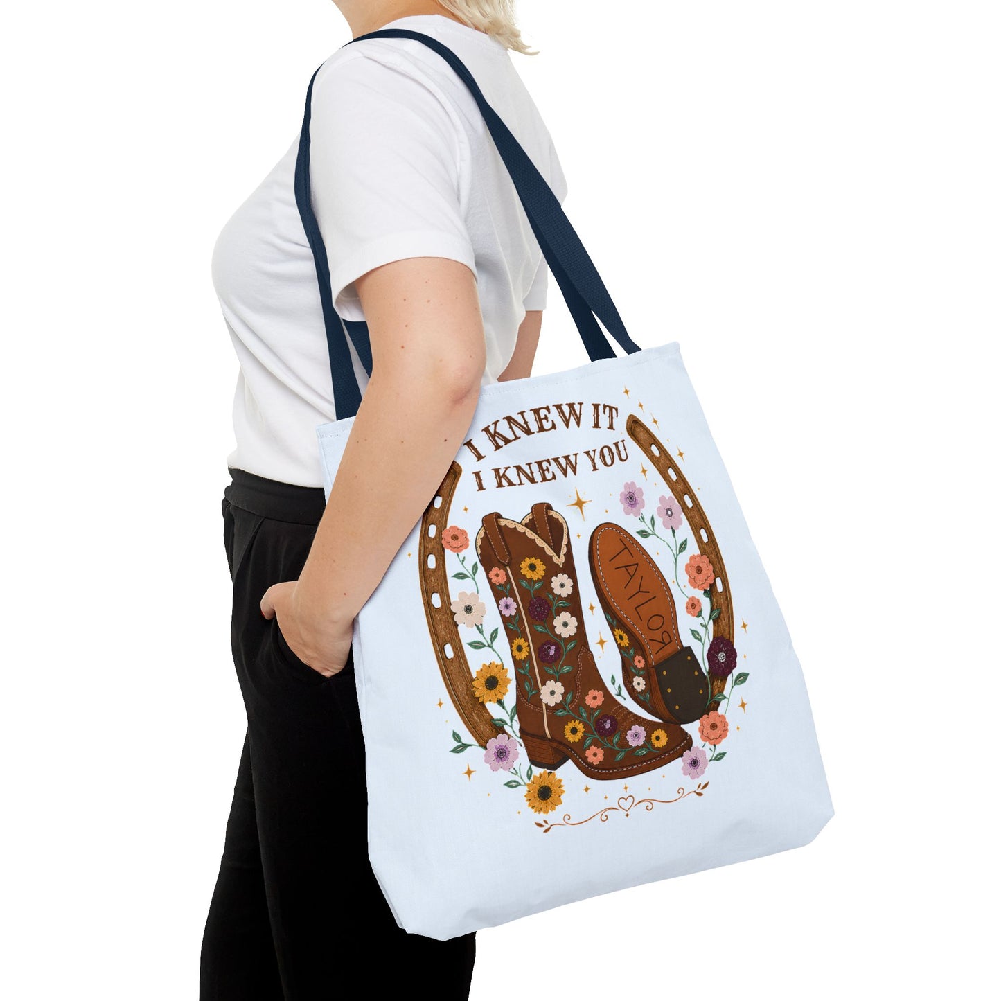 Western Floral Tote Bag — "I Knew It, I Knew You" Cowboy Boots & Horseshoe Design