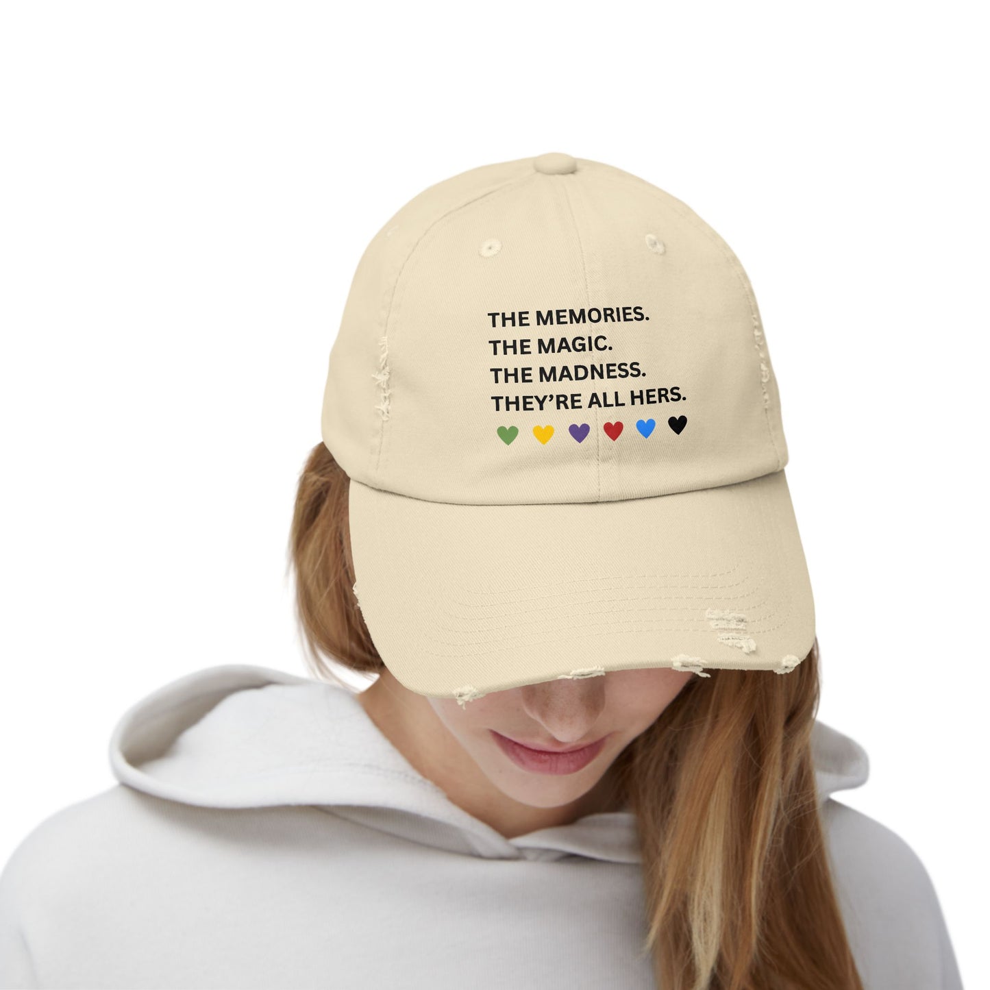 They're All Hers - TS - Unisex Distressed Cap with Heartfelt Quote - Casual Hat for Every Occasion, Gift for Friends, Birthday, Anniversary, Fun Accessories