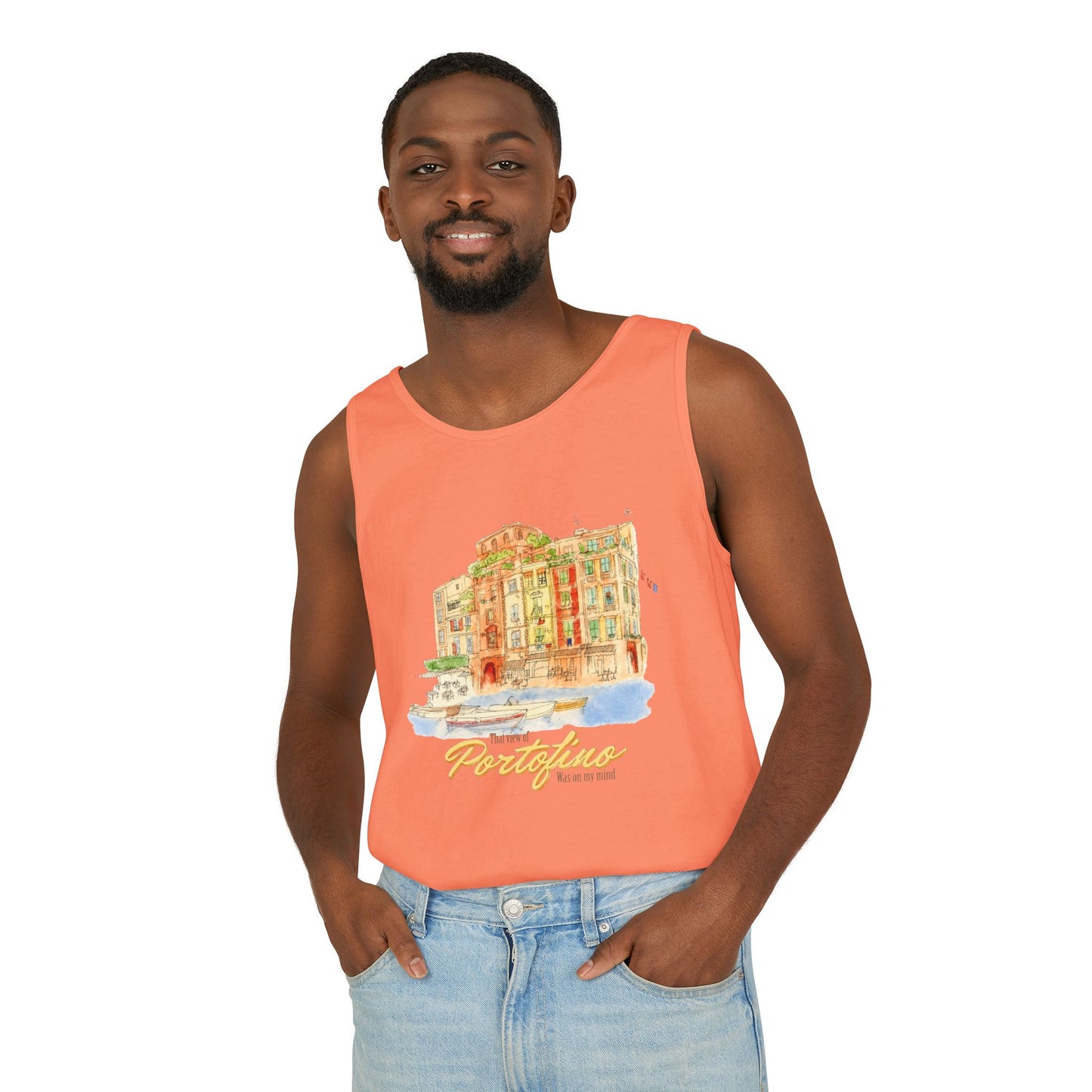 Portofino Watercolor Comfort Colors Unisex Tank Top — Italian Coastal Tee
