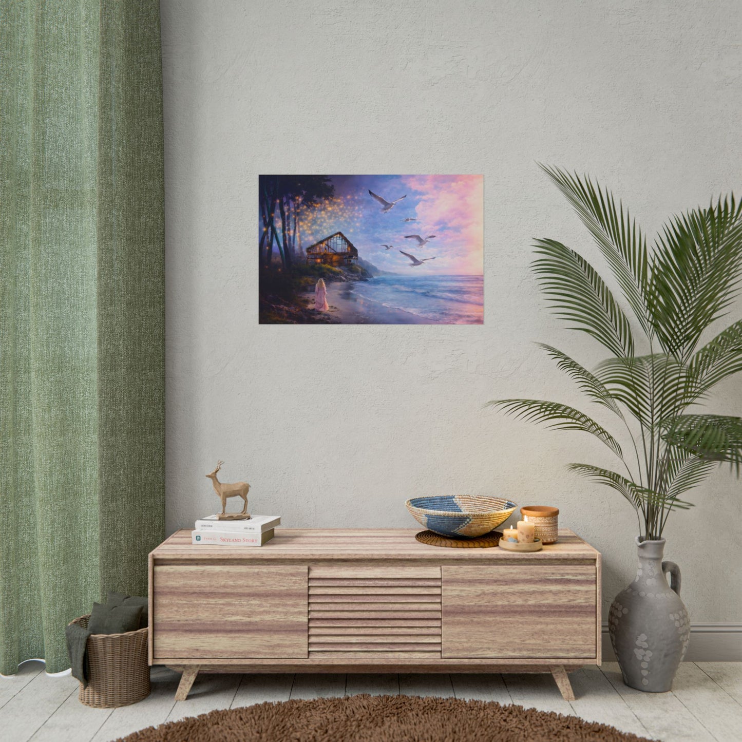 Keep it 100 Seaside Cottage Fantasy Poster — Dreamy Ocean Sunset Art Print