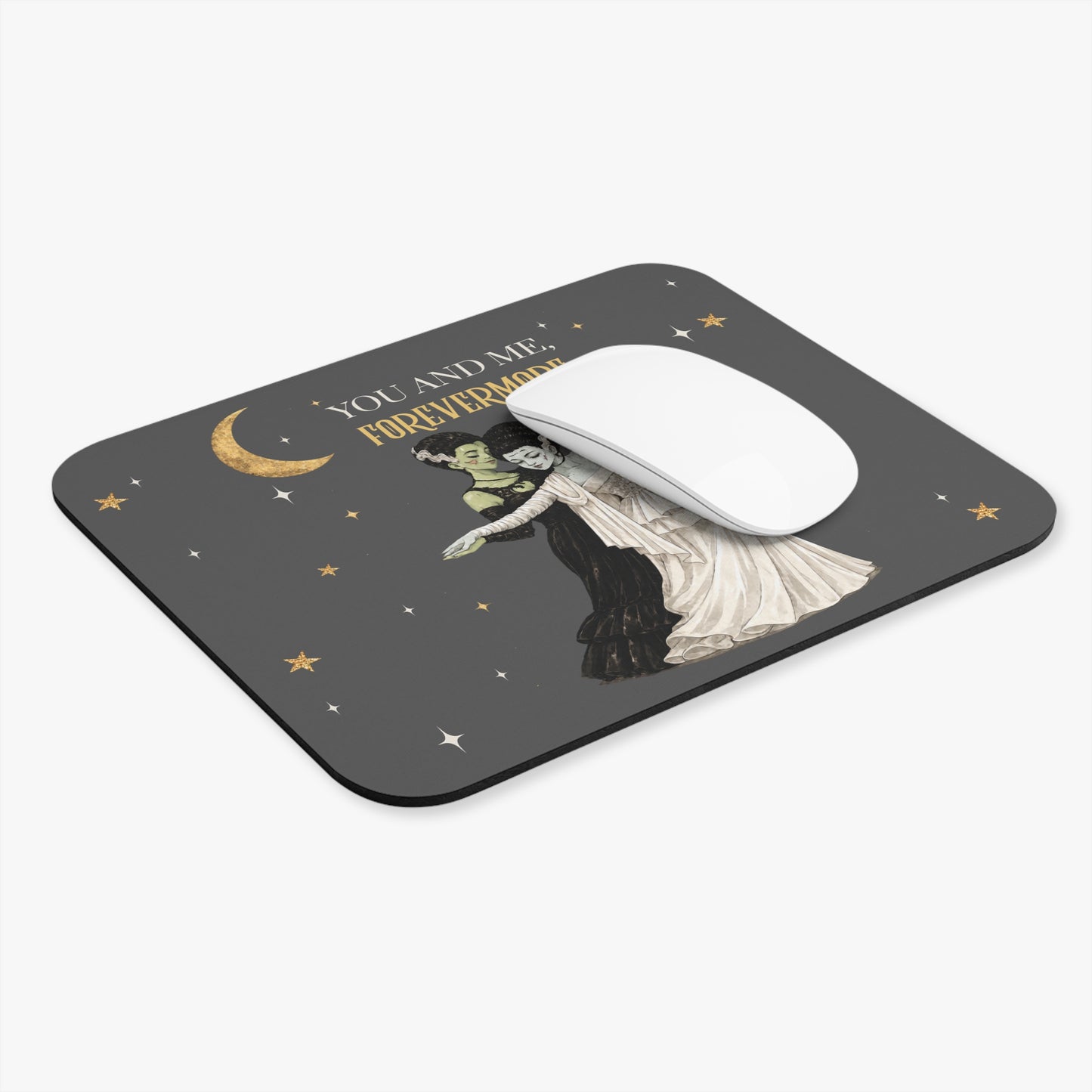 You and Me, Forevermore Mouse Pad — Gothic Romantic Desk Mat with Dancing Couple & Gold Moon