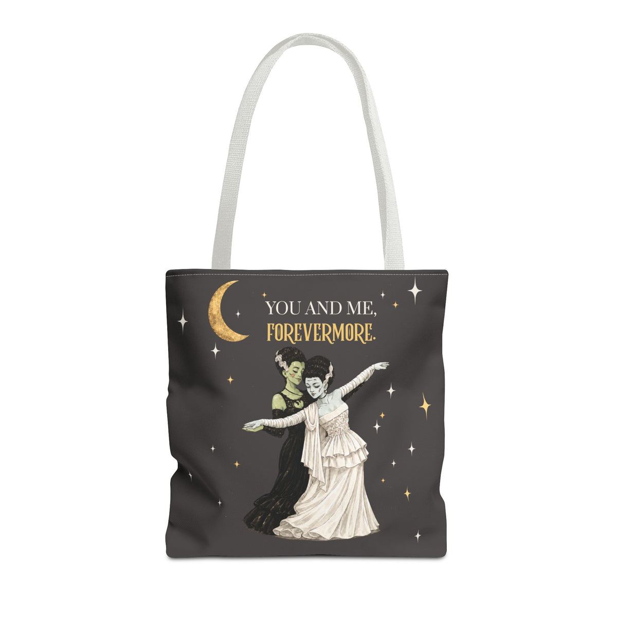Moonlit Duet Tote Bag — Vintage Lesbian Monster Brides Couple with Gold Moon & Stars