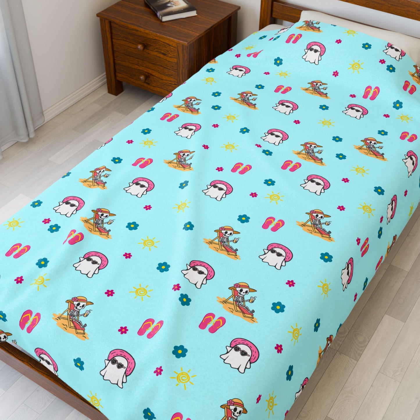 Aqua Summerween Soft Plush Fleece Blanket, Summer Ghosties and Skeletons, Cute Throw Blanket