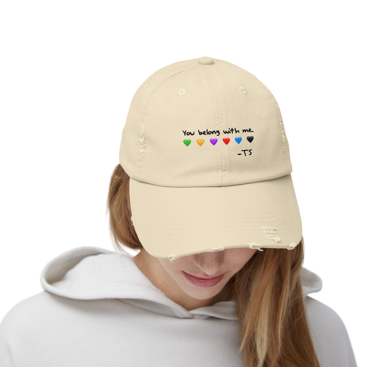You belong with me - Printed Image - Unisex Distressed Cap with Heart Design - Perfect Gift for Music Lovers, Casual Wear, Festivals, Birthdays, Fan Merchandise