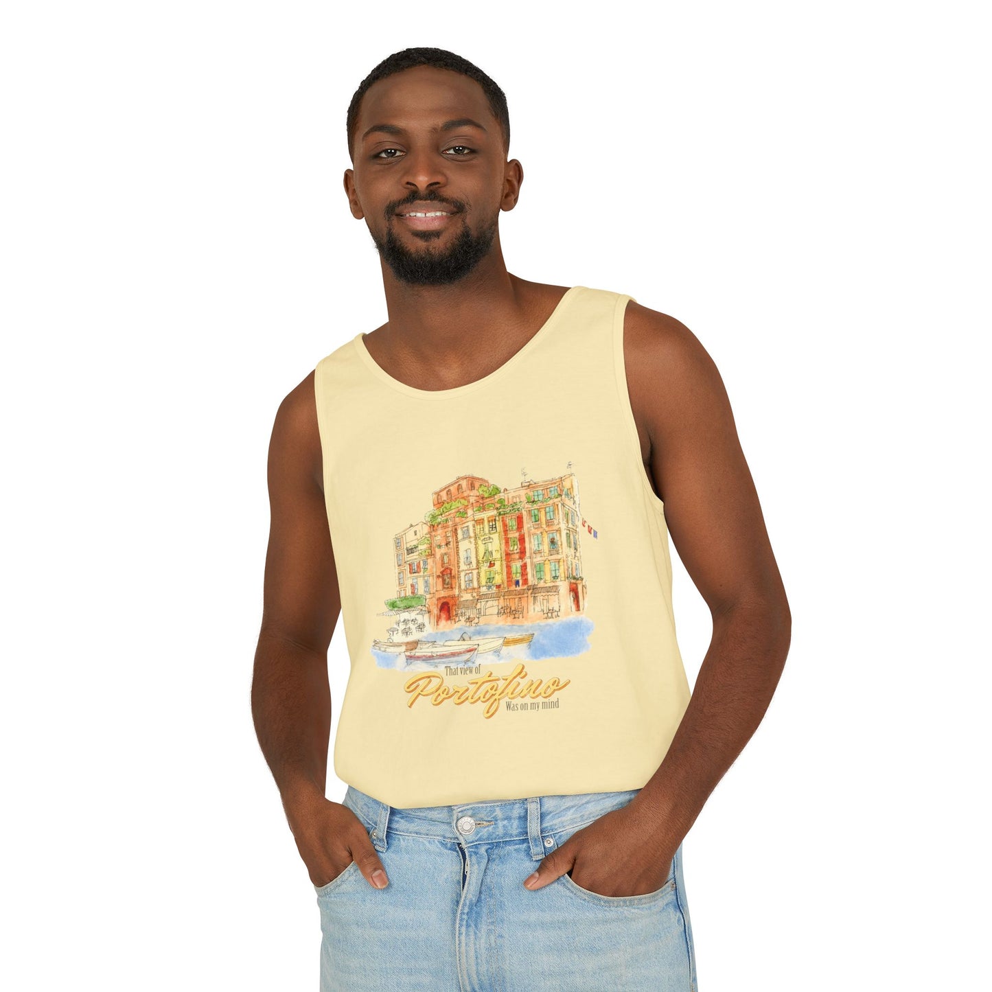 Portofino Watercolor Comfort Colors Unisex Tank Top — Italian Coastal Tee