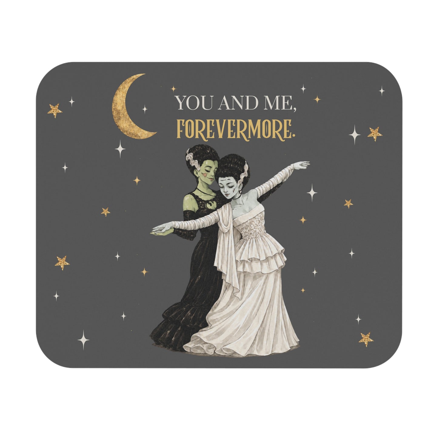 You and Me, Forevermore Mouse Pad — Gothic Romantic Desk Mat with Dancing Couple & Gold Moon