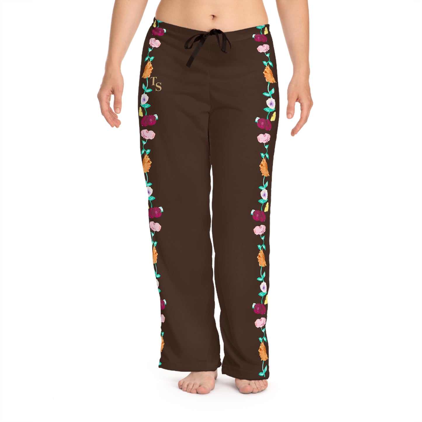 Acoustic Piano Floral Border Women's Pajama Pants — Cozy Brown Lounge Sleepwear