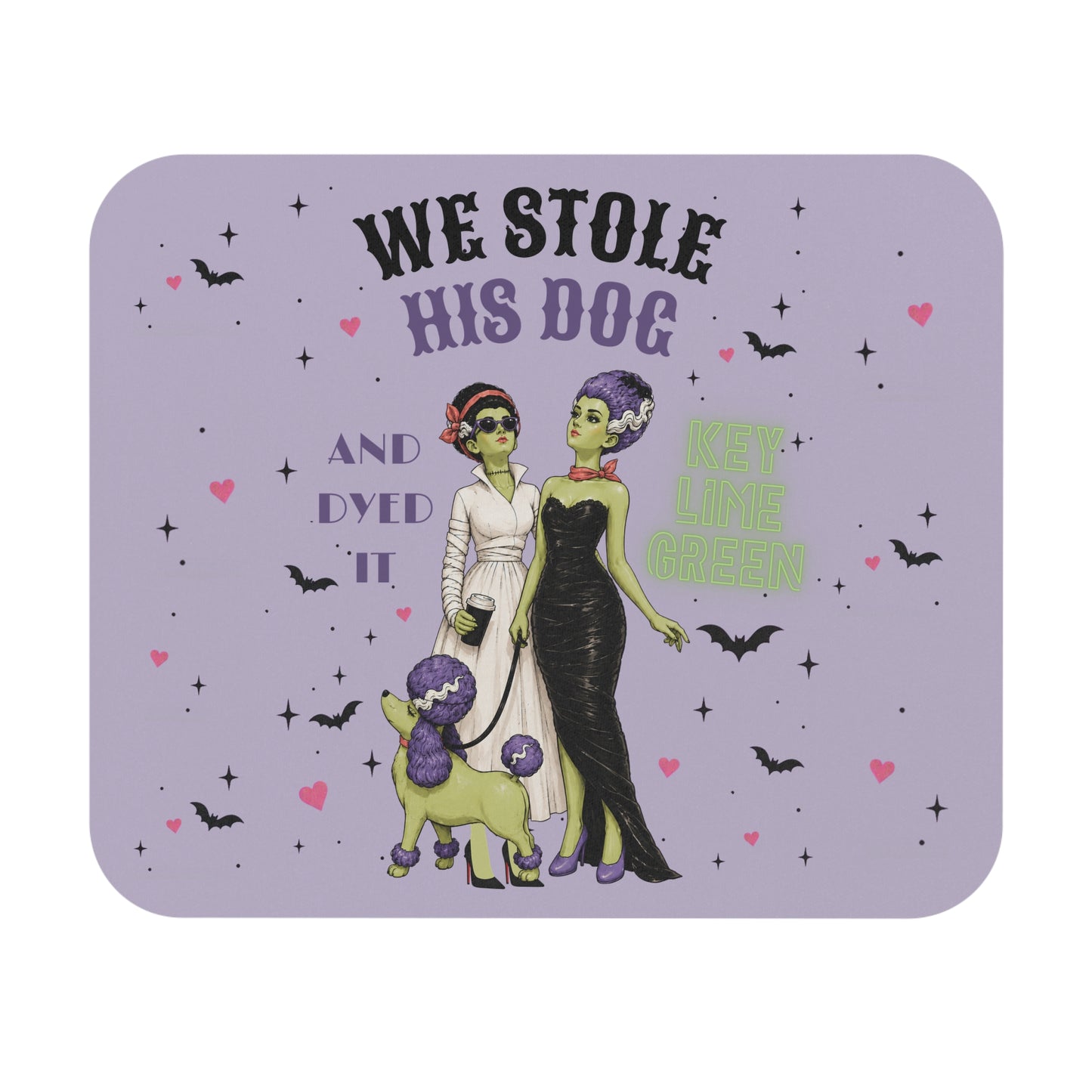 We stole his dog and dyed it key lime green...Halloween Bride & Bride Mouse Pad — Retro Frankenstein Couples Design on Lavender