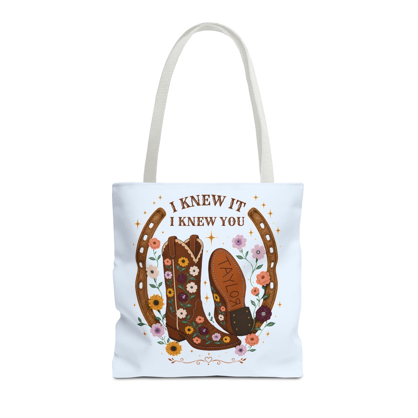 Western Floral Tote Bag — "I Knew It, I Knew You" Cowboy Boots & Horseshoe Design