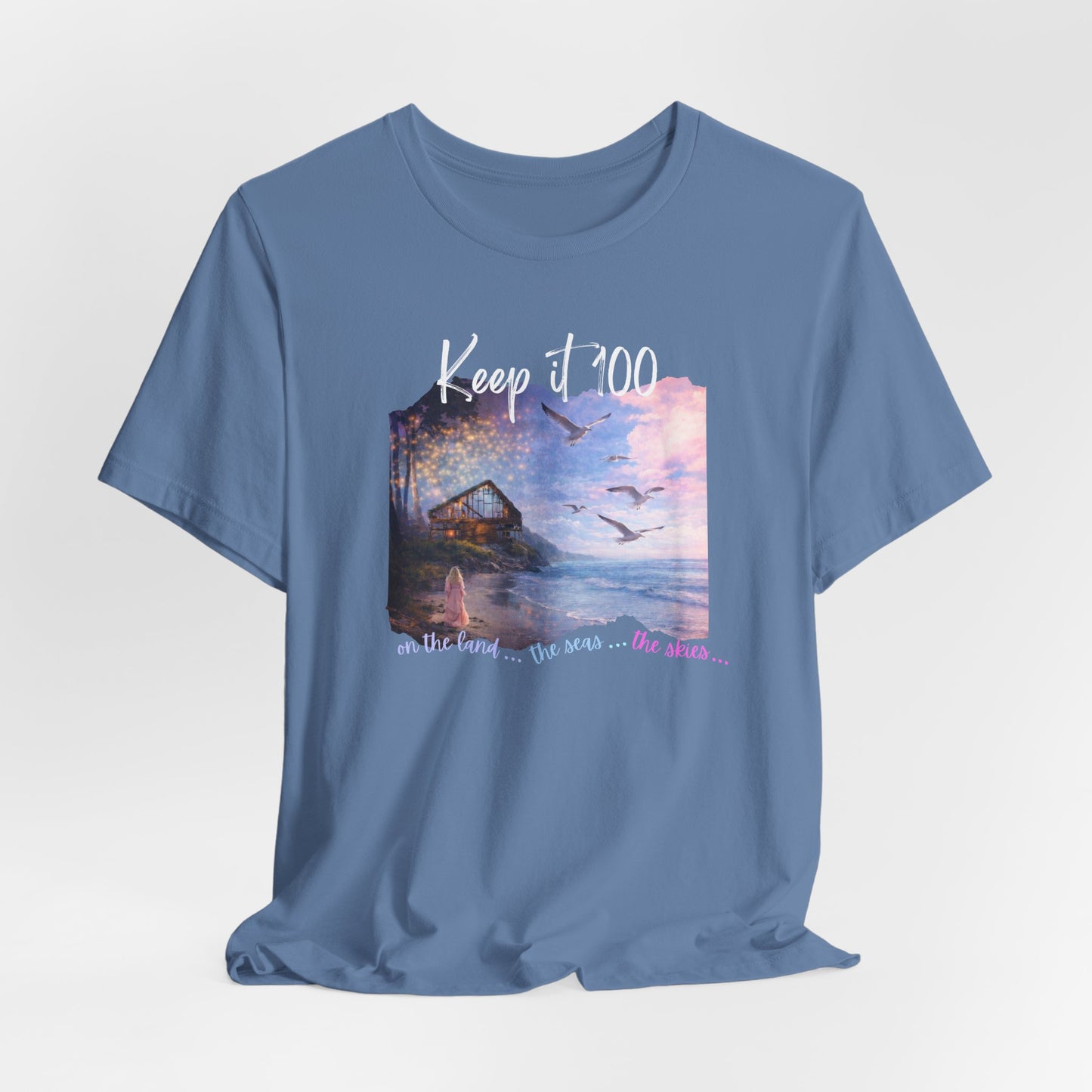 Keep It 100 Whimsical Scene T-Shirt — Coastal Sunset Cabin Graphic Tee