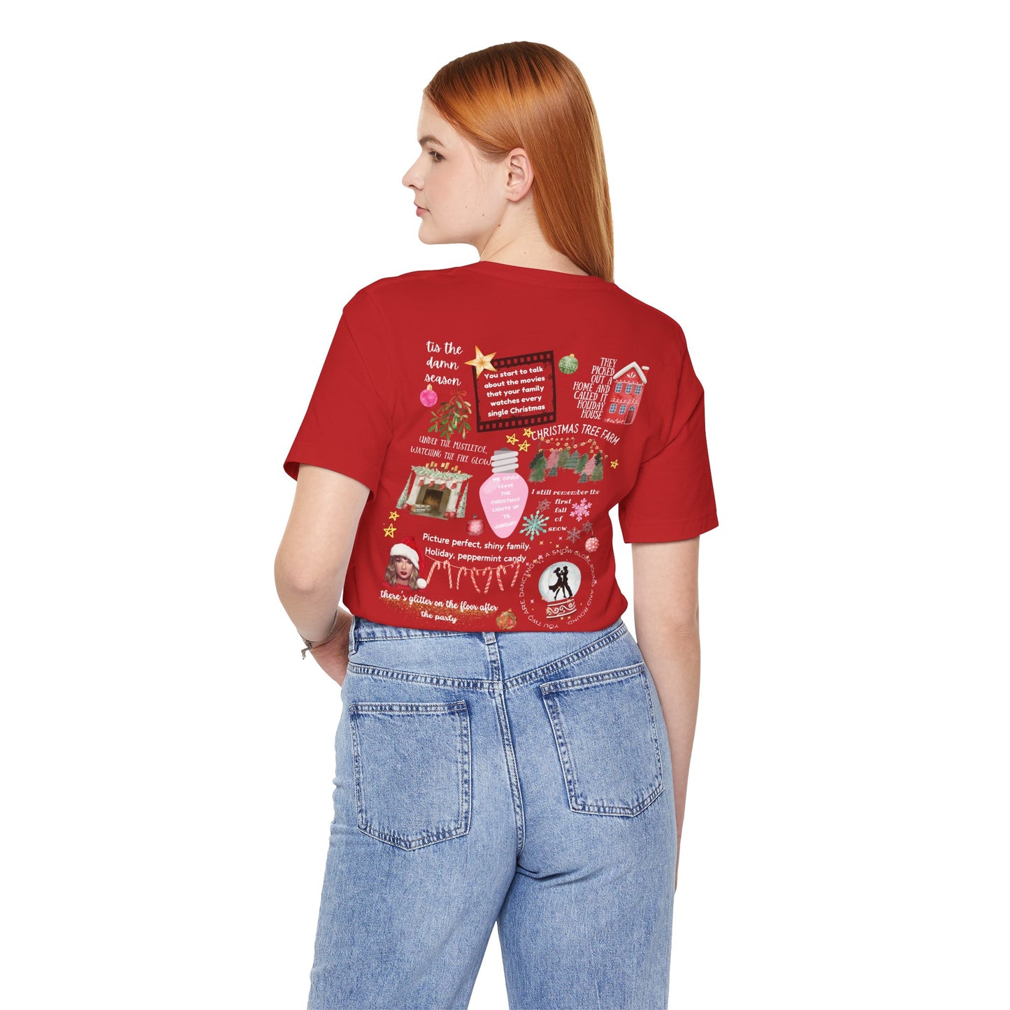 Merry Swiftmas - Swiftie Lyrics Collage front/back - Unisex Jersey Short Sleeve Tee