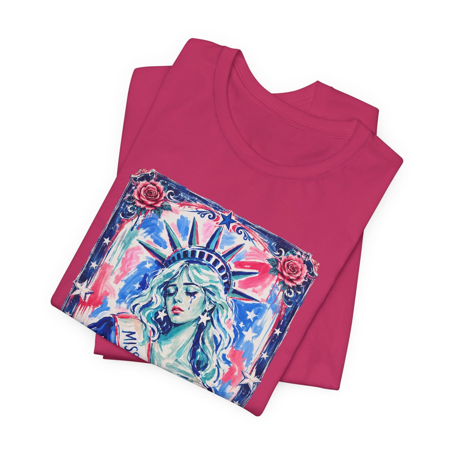 Miss Americana Statue of Liberty Patriotic Art Tee (Back: "I'm just mad as hell because I loved this place")