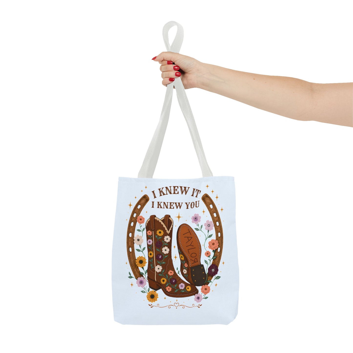 Western Floral Tote Bag — "I Knew It, I Knew You" Cowboy Boots & Horseshoe Design