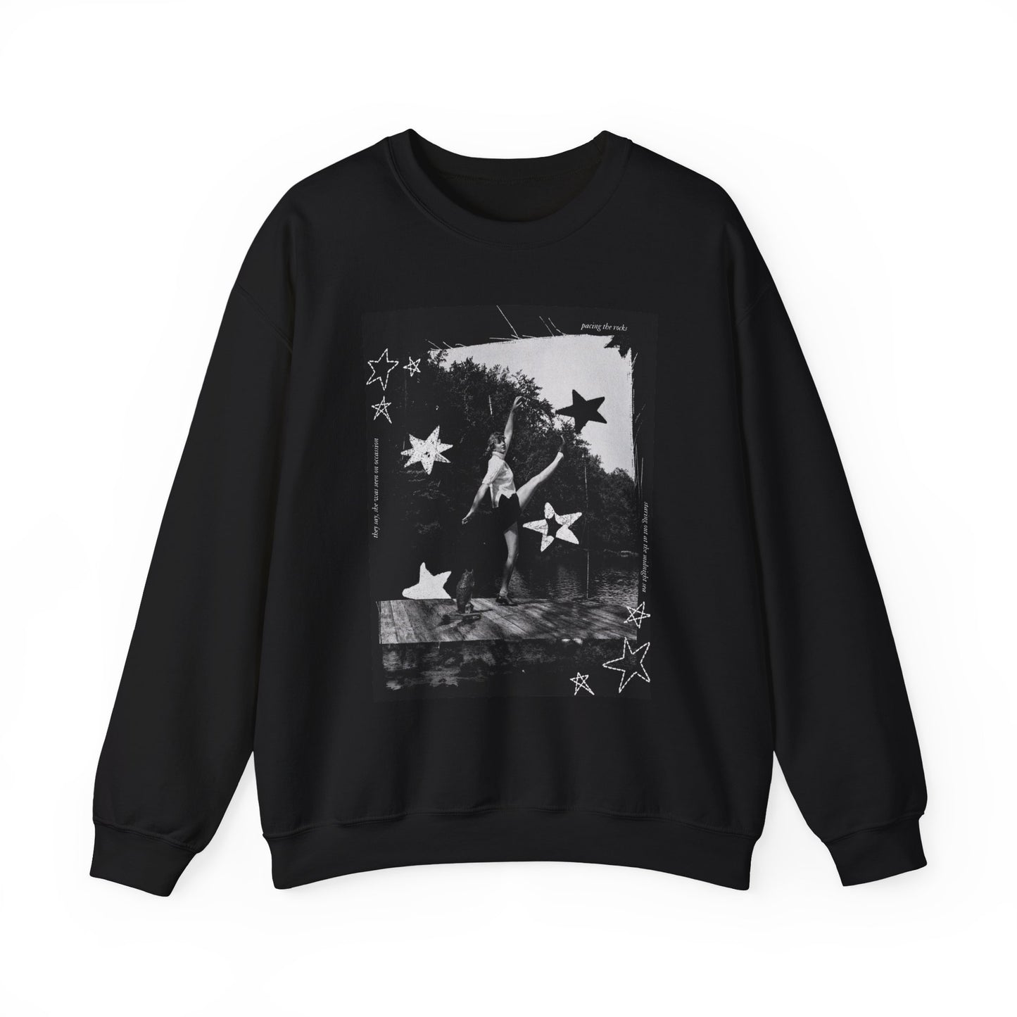 Dancing on the Pier Crewneck Sweatshirt — Black Graphic with Stars