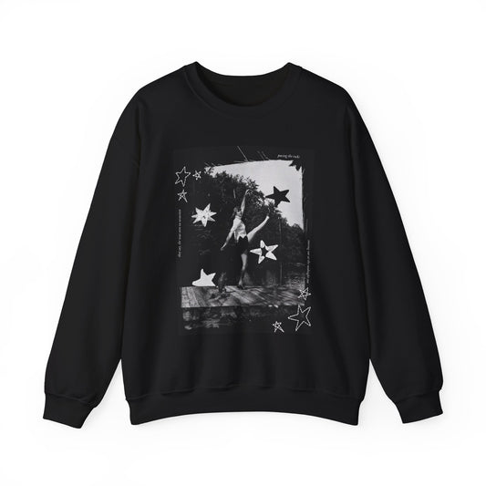 Dancing on the Pier Crewneck Sweatshirt — Black Graphic with Stars