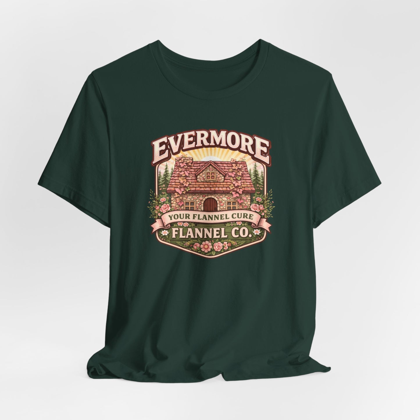 Evermore Flannel Co. Cabin Tee — Vintage Cozy Cabin Graphic T-Shirt